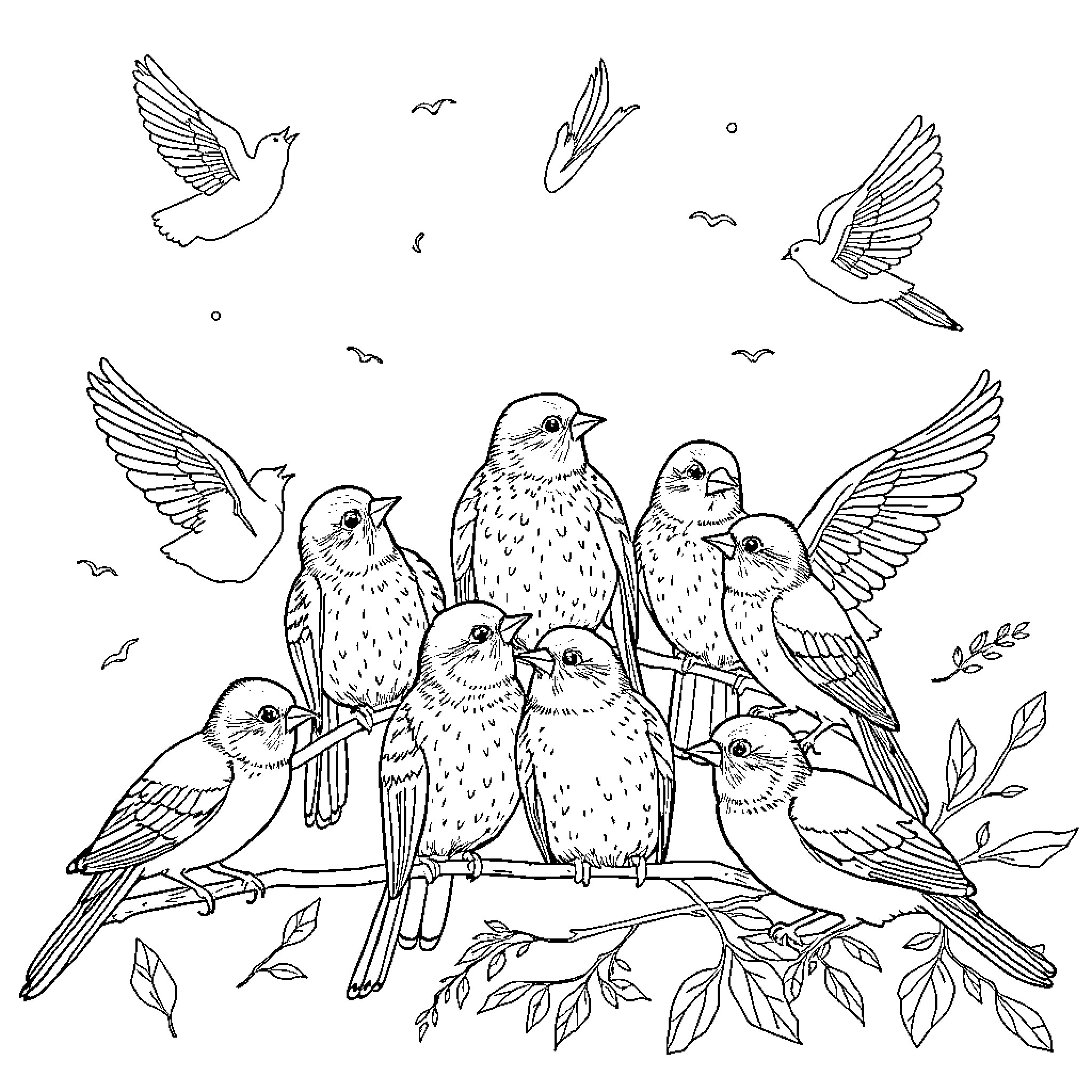 Bird flock gathered in nature scene Coloring Page (free black-and-white line drawing printable PDF for all, from beginners to advanced learners, including children, teens, adults, and seniors)