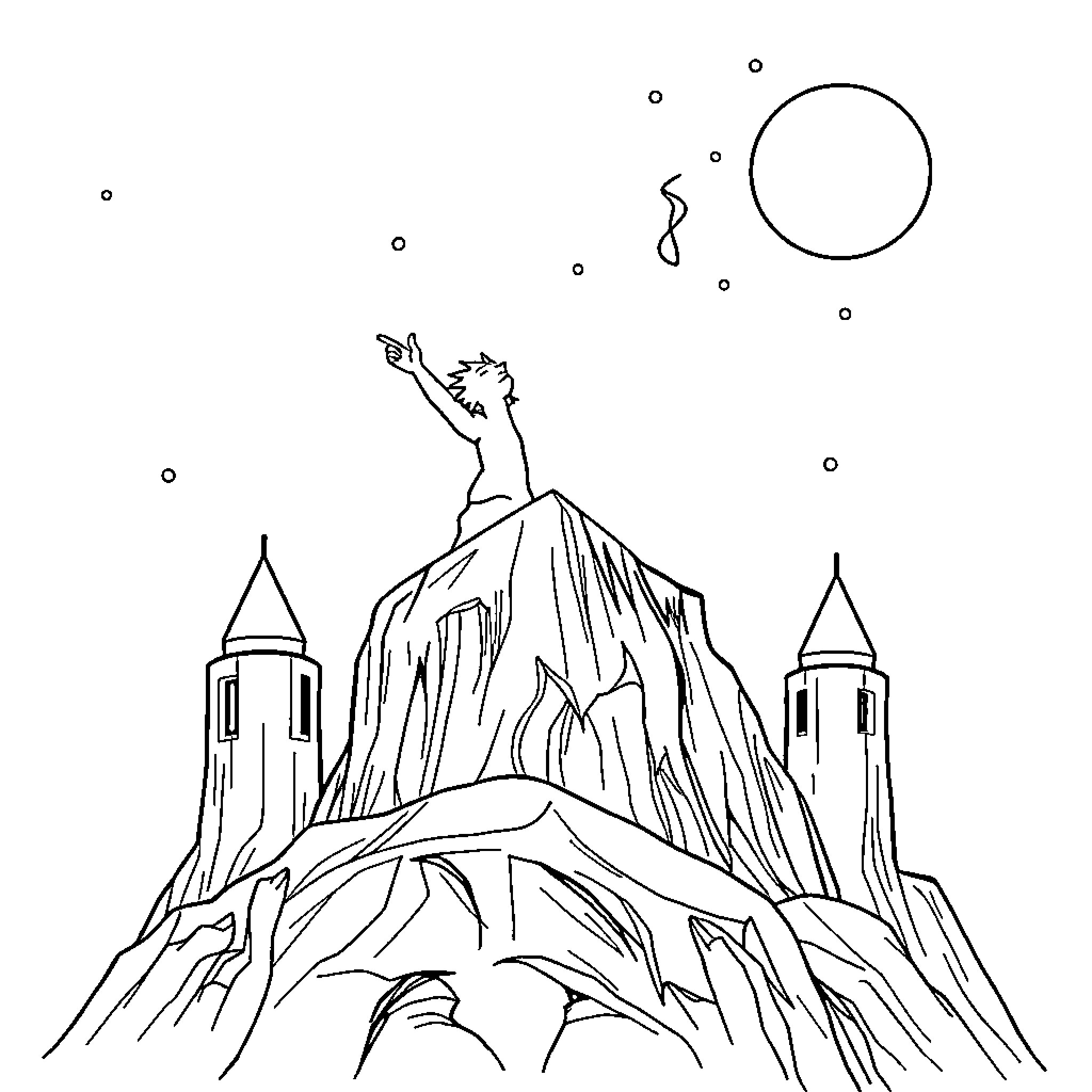 Motivational Quote on Mountain Reaching for the Moon Coloring Page (free black-and-white line drawing printable PDF for all, from beginners to advanced learners, including children, teens, adults, and seniors)