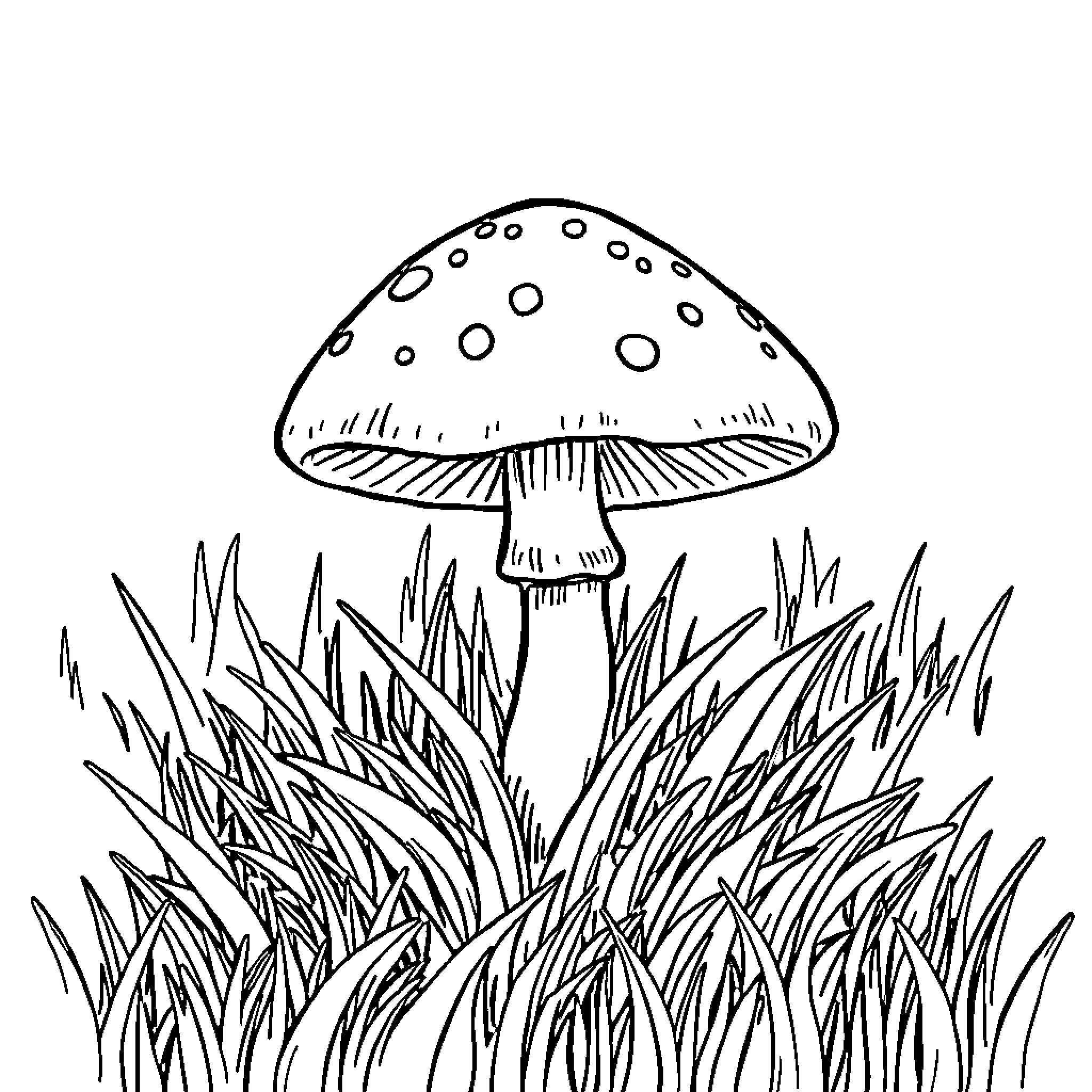 Mushroom growing in lush grass Coloring Page (free black-and-white line drawing printable PDF for all, from beginners to advanced learners, including children, teens, adults, and seniors)