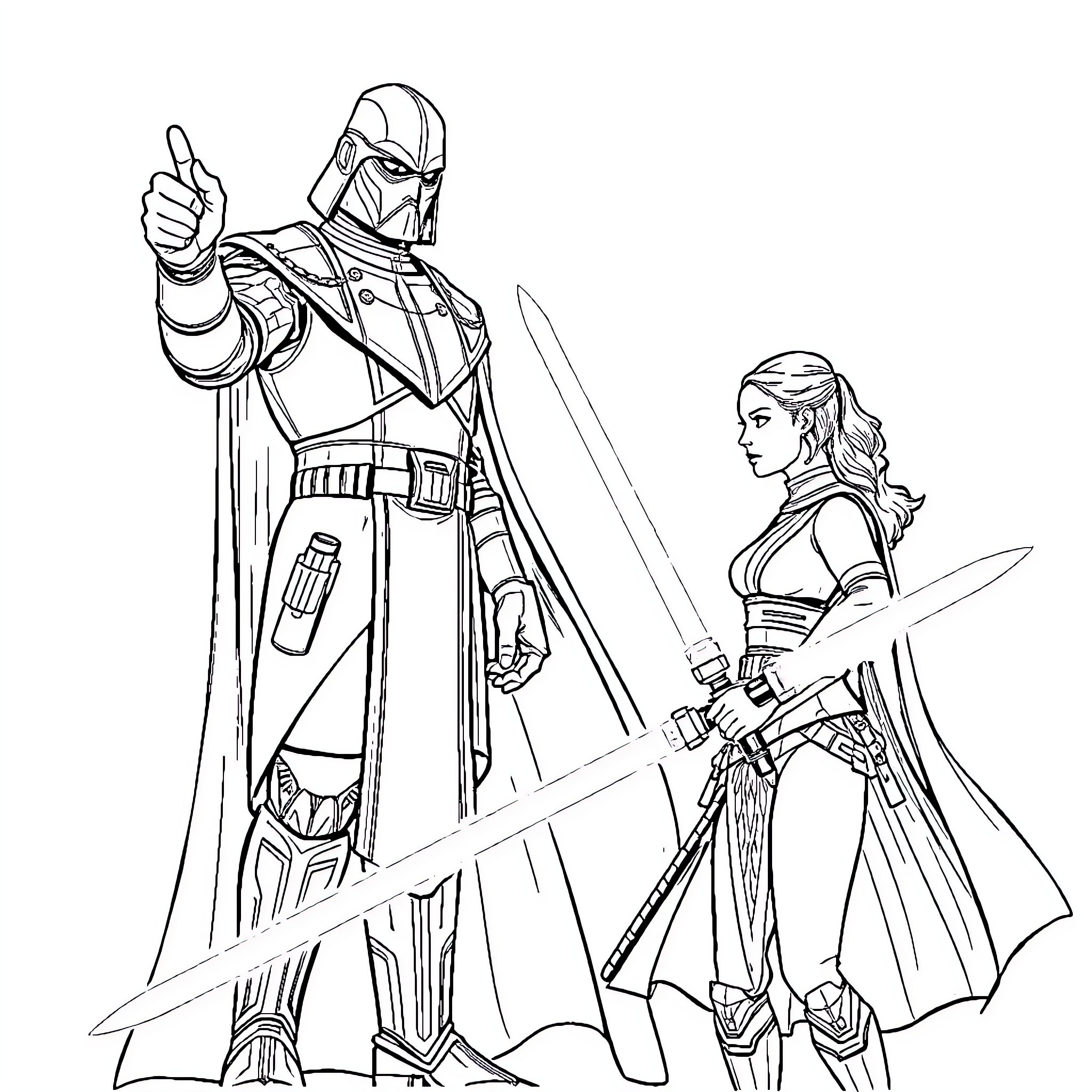 Thrawn and the Warrior Princess Confrontation Coloring Page (free black-and-white line drawing printable PDF for all, from beginners to advanced learners, including children, teens, adults, and seniors)