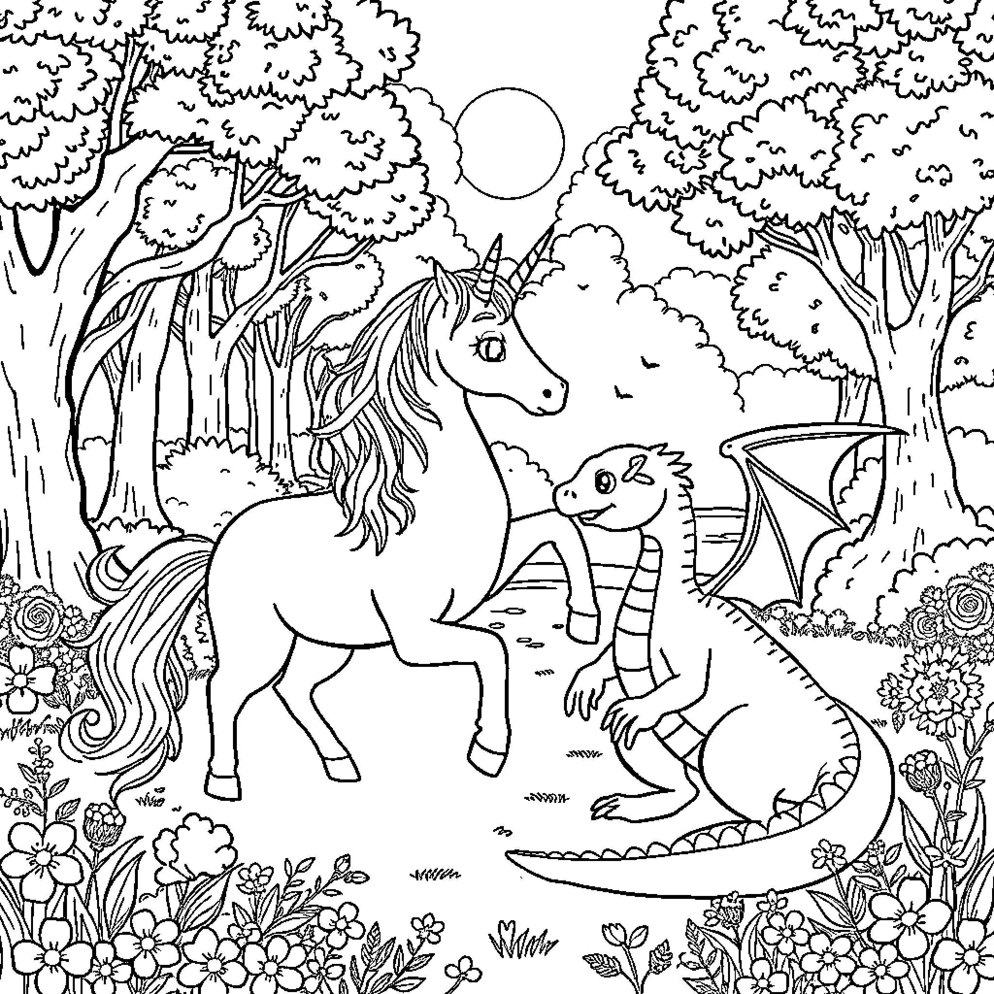 Unicorn and dragon exploring enchanted forest Coloring Page (free black-and-white line drawing printable PDF for all, from beginners to advanced learners, including children, teens, adults, and seniors)