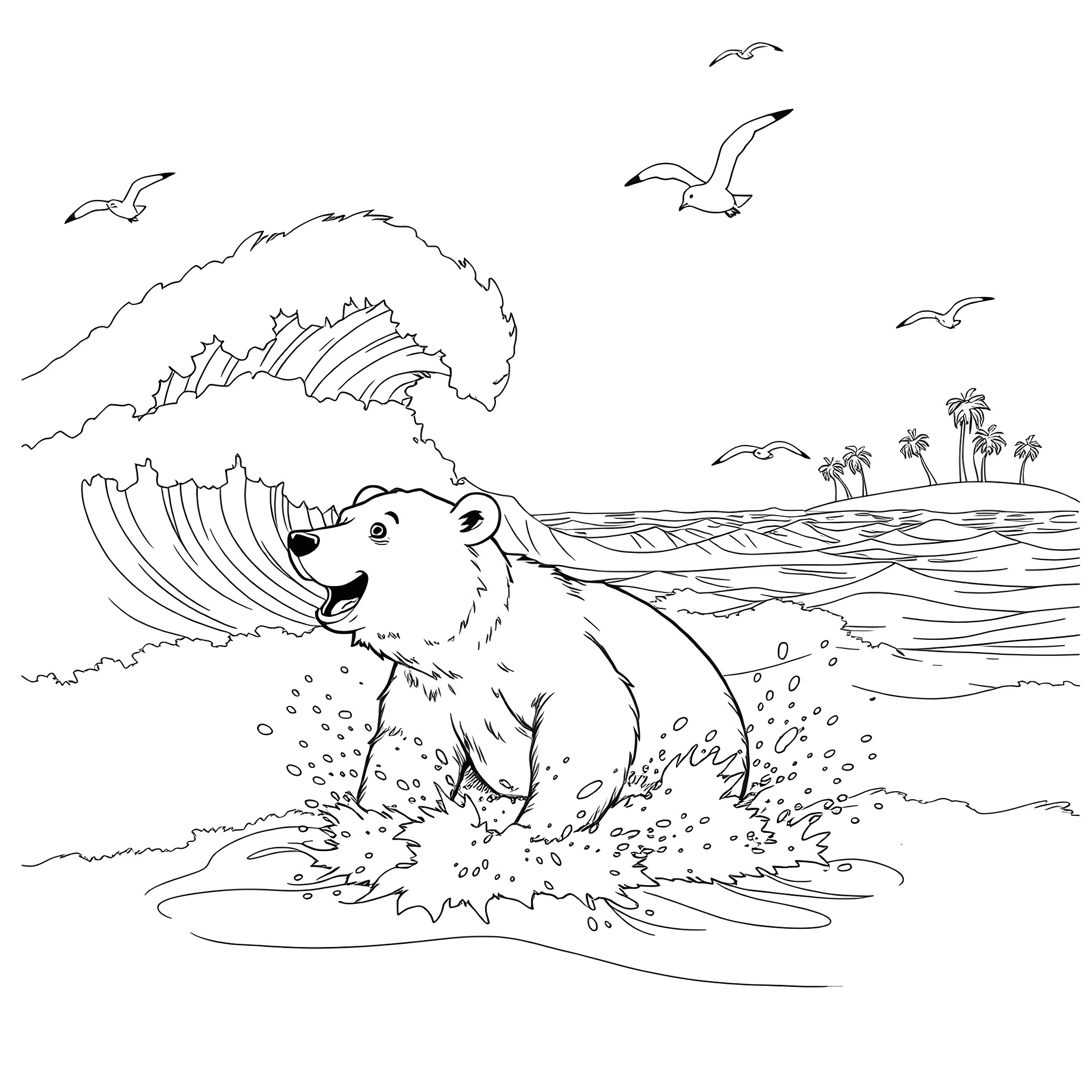 Bear playing in the ocean waves Coloring Page (free black-and-white line drawing printable PDF for all, from beginners to advanced learners, including children, teens, adults, and seniors)