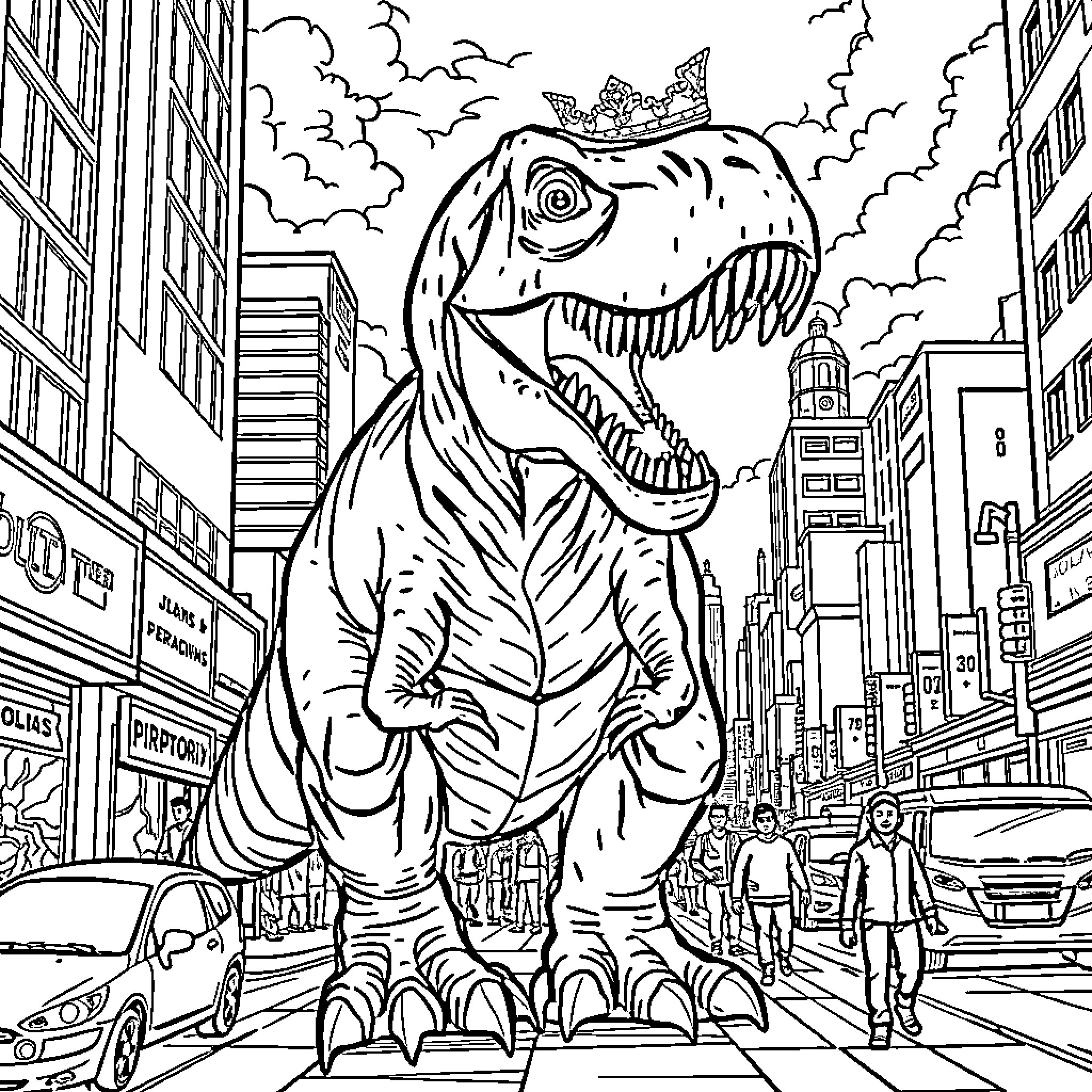 Indominus Rex Rampaging Through the City Coloring Page (free black-and-white line drawing printable PDF for all, from beginners to advanced learners, including children, teens, adults, and seniors)