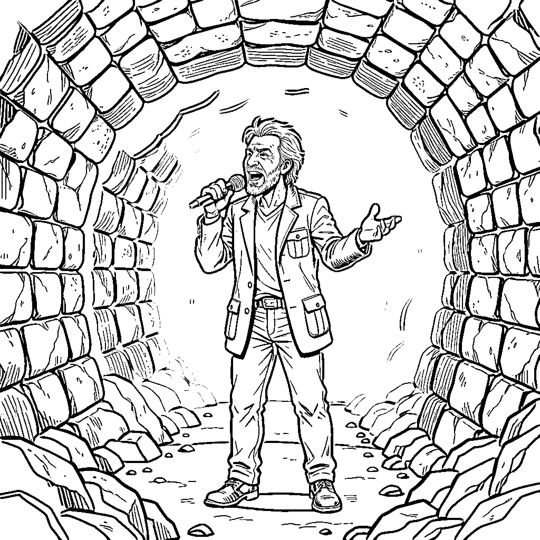 Renaud singing passionately inside a stone tunnel Coloring Page (free black-and-white line drawing printable PDF for all, from beginners to advanced learners, including children, teens, adults, and seniors)