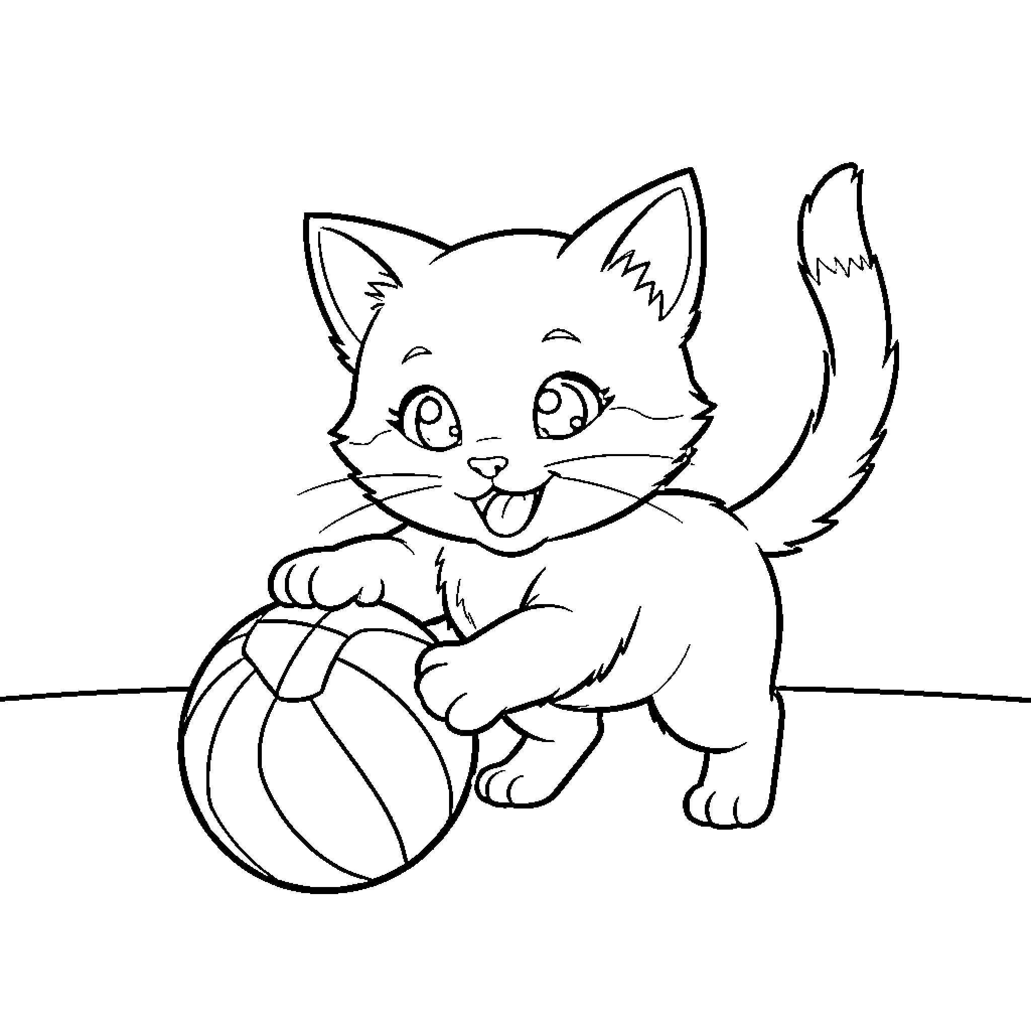 Kitten playing joyfully with a large ball Coloring Page (free black-and-white line drawing printable PDF for all, from beginners to advanced learners, including children, teens, adults, and seniors)