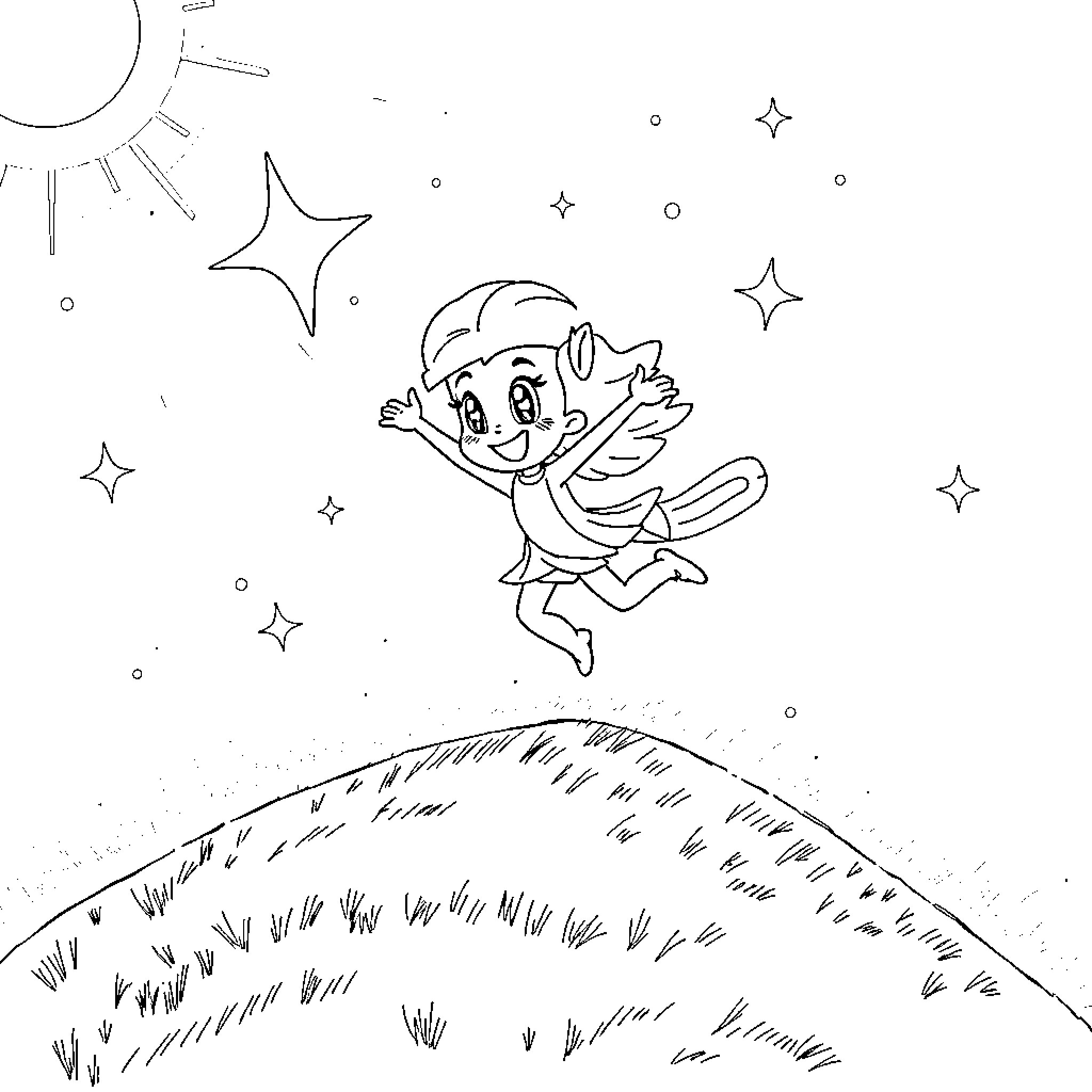 Sparkle Smash Fairy Dances in Starry Sky Coloring Page (free black-and-white line drawing printable PDF for all, from beginners to advanced learners, including children, teens, adults, and seniors)