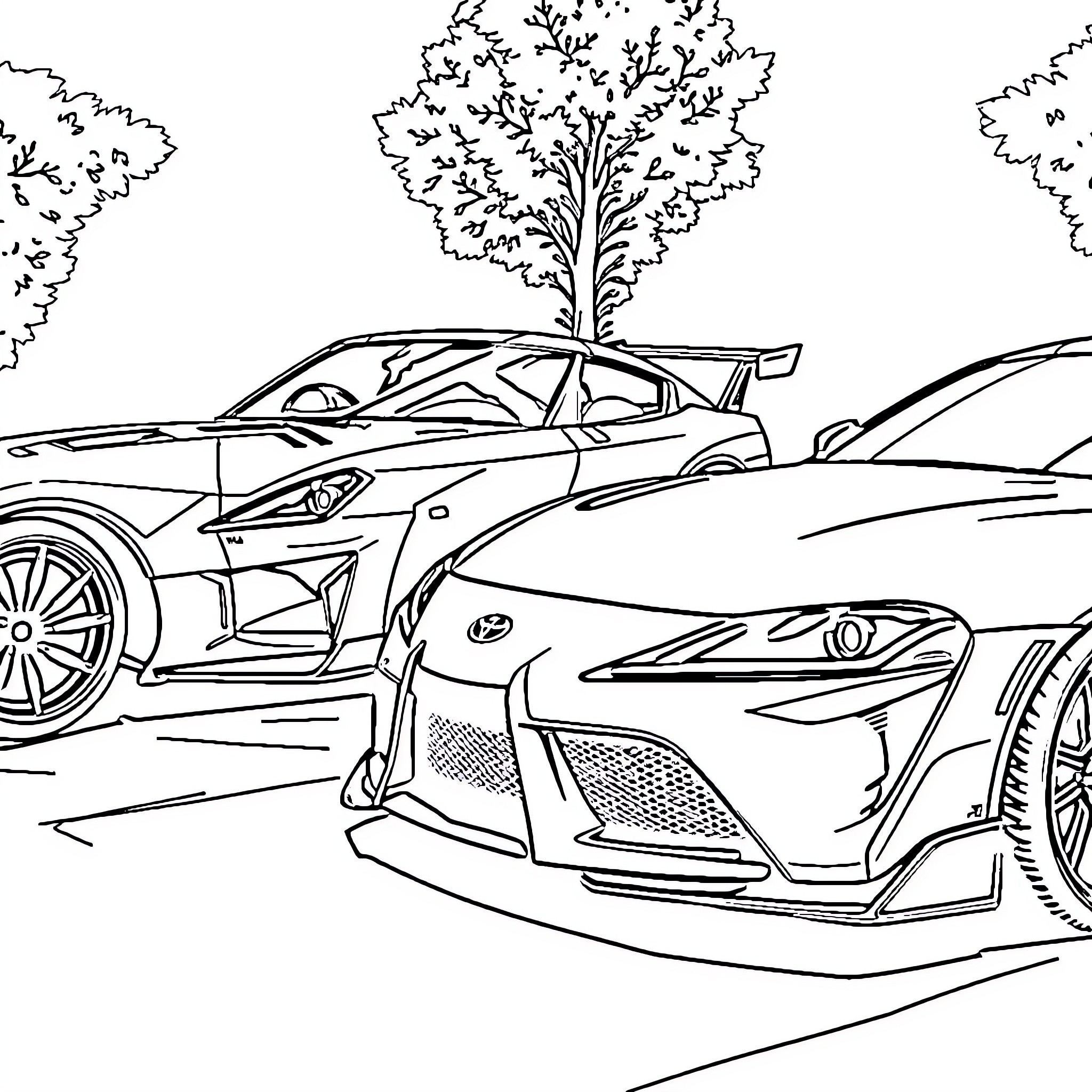 Car racing on the track with tree Coloring Page (free black-and-white line drawing printable PDF for all, from beginners to advanced learners, including children, teens, adults, and seniors)