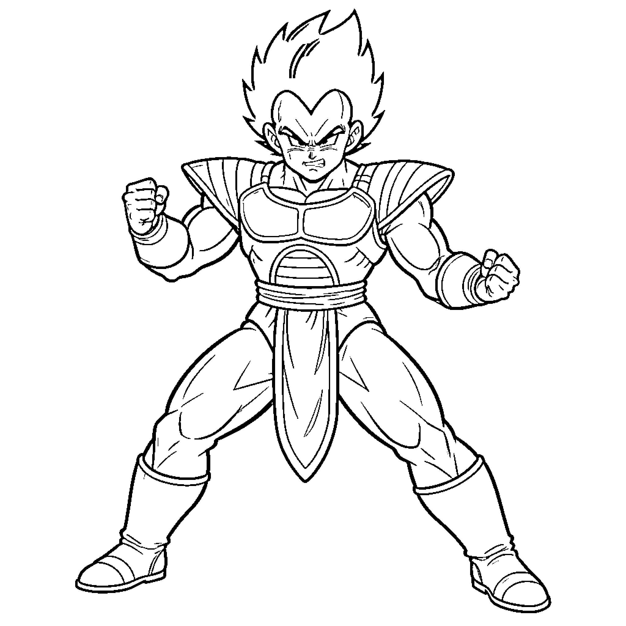 Vegeta standing in a powerful combat stance Coloring Page (free black-and-white line drawing printable PDF for all, from beginners to advanced learners, including children, teens, adults, and seniors)