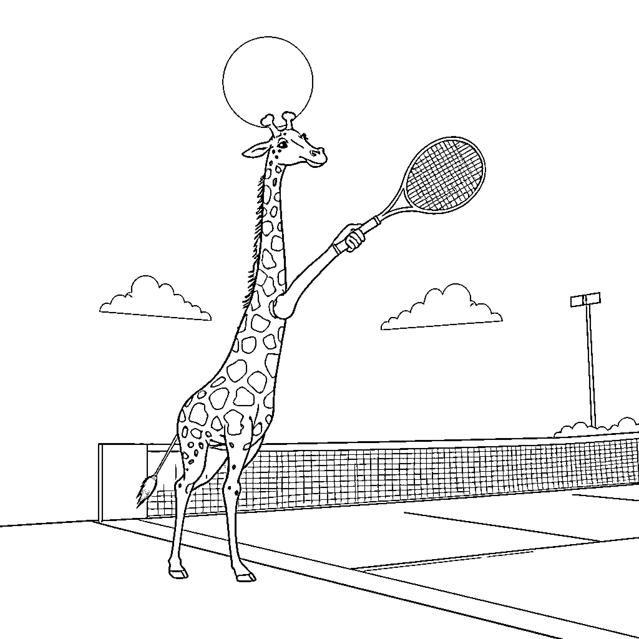 Giraffe playing tennis on the court Coloring Page (free black-and-white line drawing printable PDF for all, from beginners to advanced learners, including children, teens, adults, and seniors)