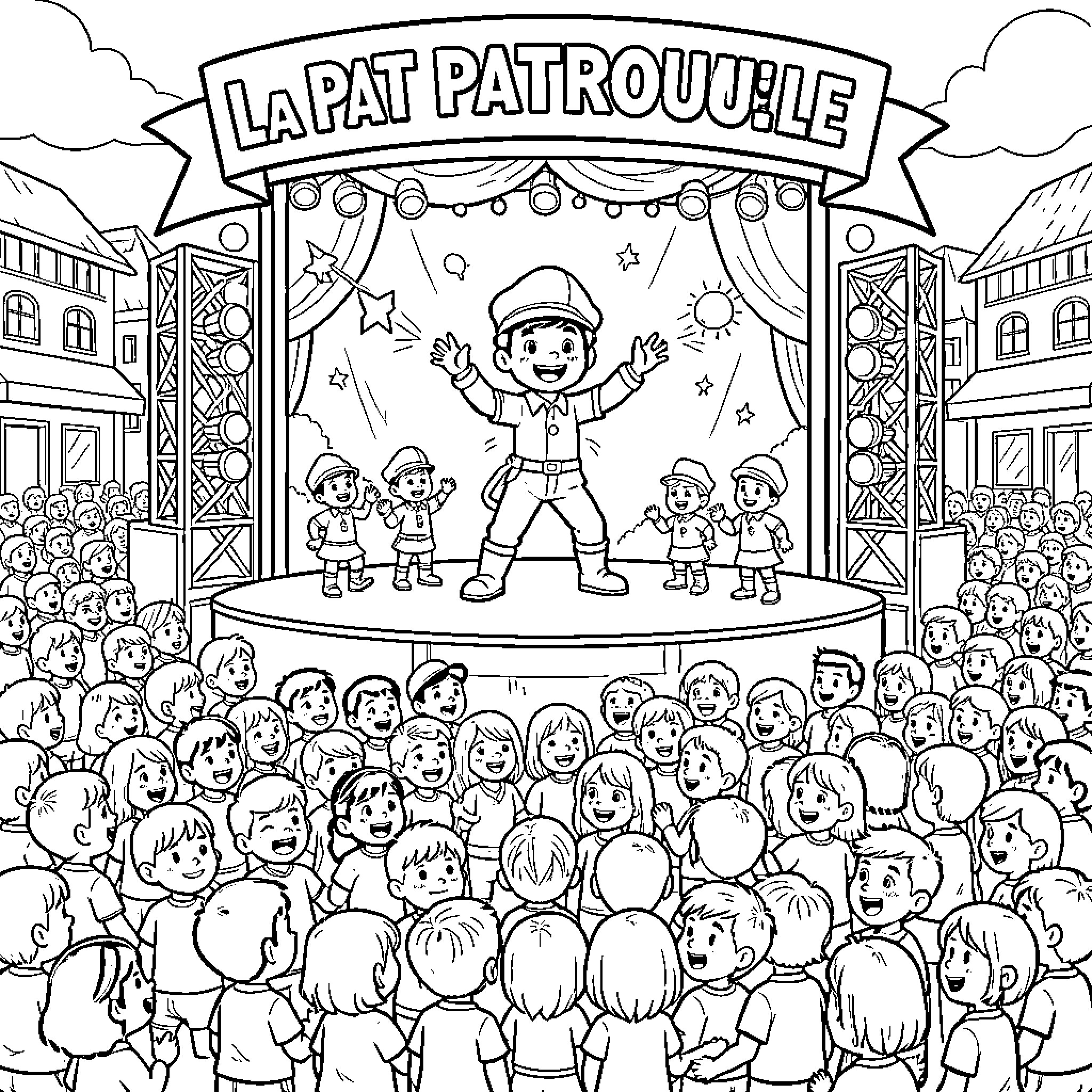 Pat Patrouille performing a show on stage for a crowd Coloring Page (free black-and-white line drawing printable PDF for all, from beginners to advanced learners, including children, teens, adults, and seniors)