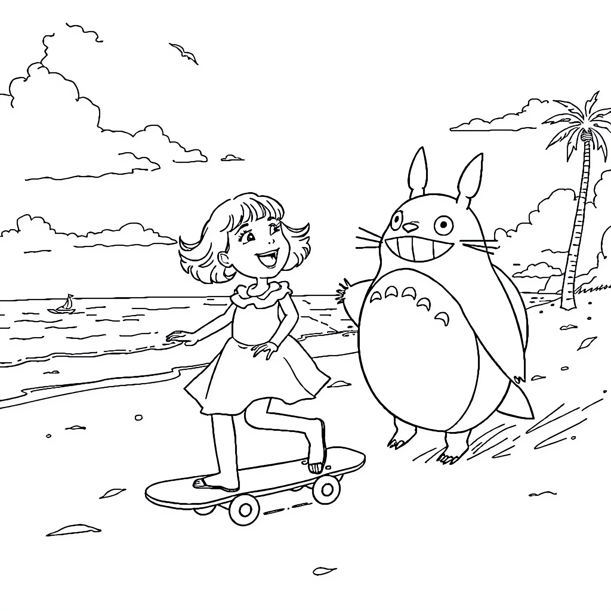 Kiki enjoying a beach day with her friend Coloring Page (free black-and-white line drawing printable PDF for all, from beginners to advanced learners, including children, teens, adults, and seniors)