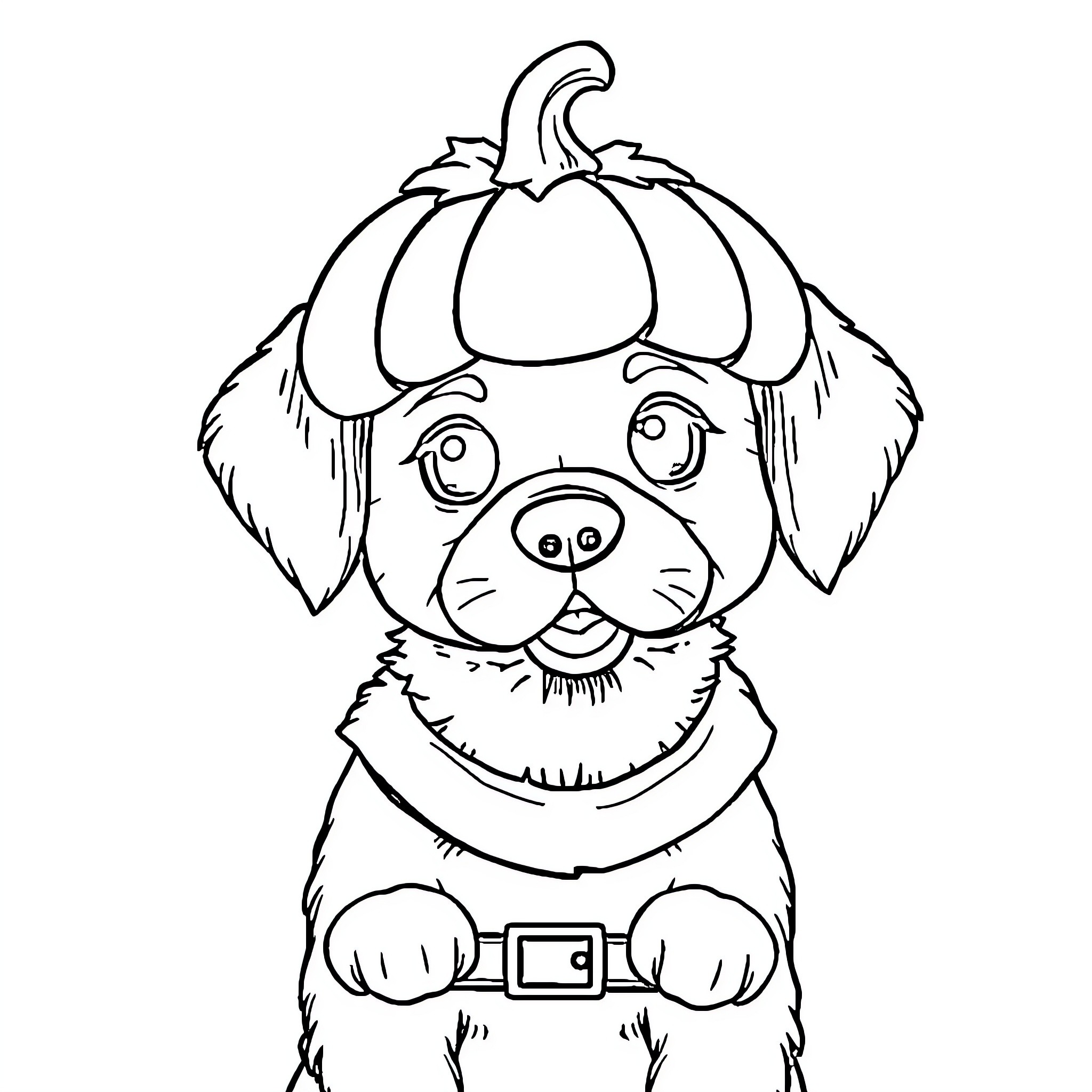 Dog wearing a pumpkin hat and smiling Coloring Page (free black-and-white line drawing printable PDF for all, from beginners to advanced learners, including children, teens, adults, and seniors)