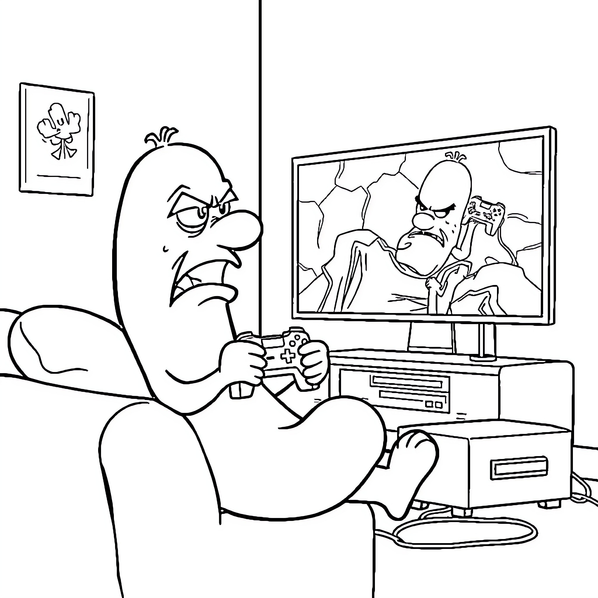 Sausage character playing video games on TV Coloring Page (free black-and-white line drawing printable PDF for all, from beginners to advanced learners, including children, teens, adults, and seniors)