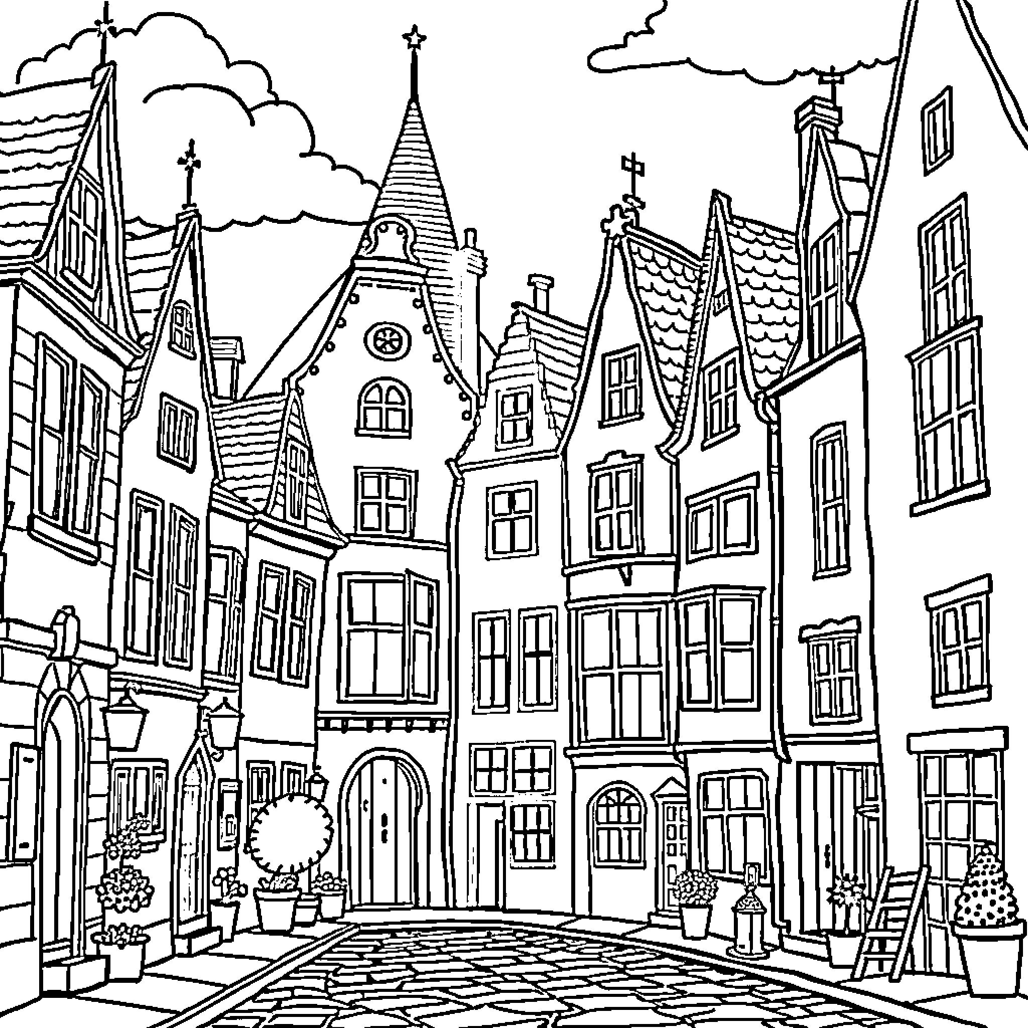 House in a quaint European town Coloring Page (free black-and-white line drawing printable PDF for all, from beginners to advanced learners, including children, teens, adults, and seniors)