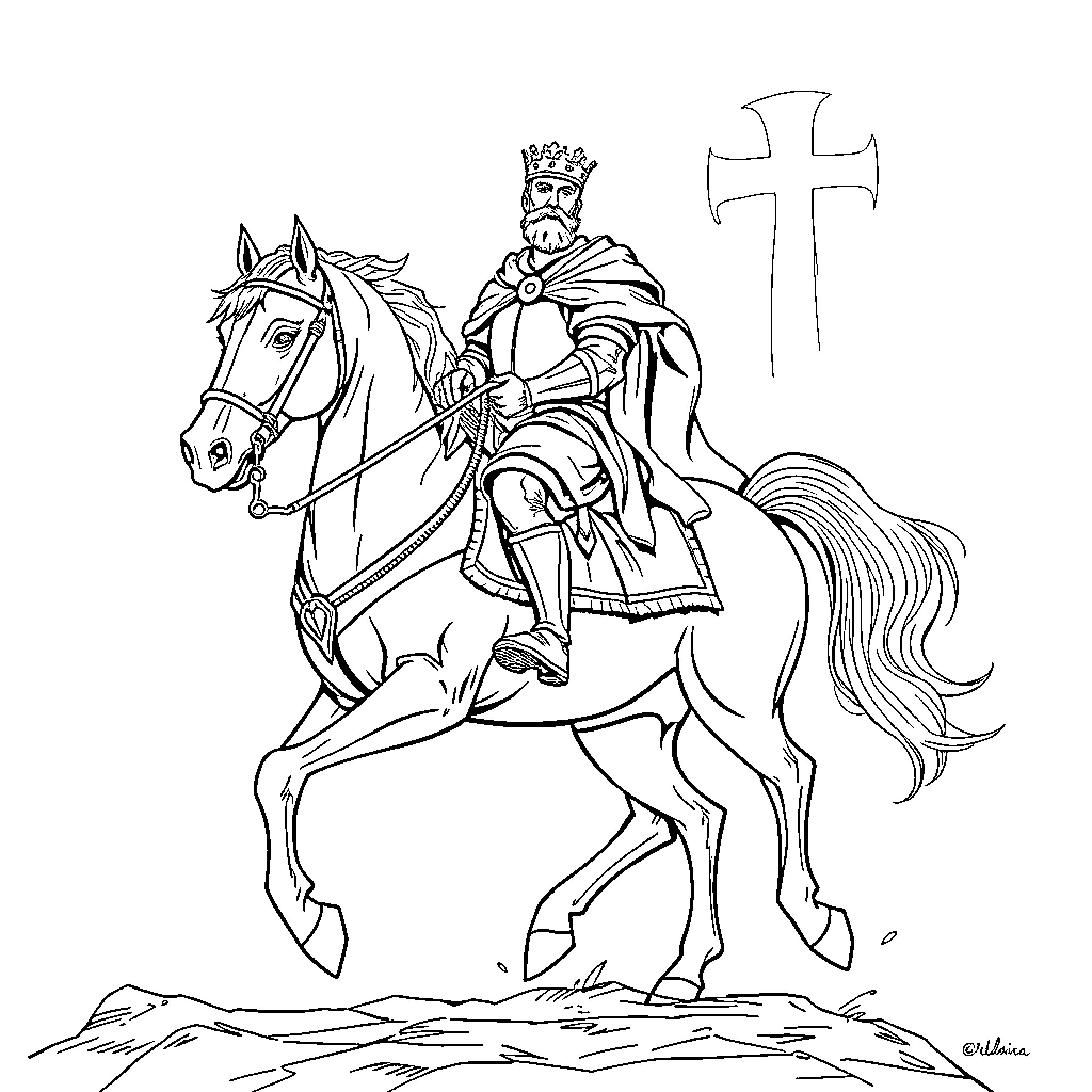 King Riding a Majestic Horse with Cross Symbol Coloring Page (free black-and-white line drawing printable PDF for all, from beginners to advanced learners, including children, teens, adults, and seniors)