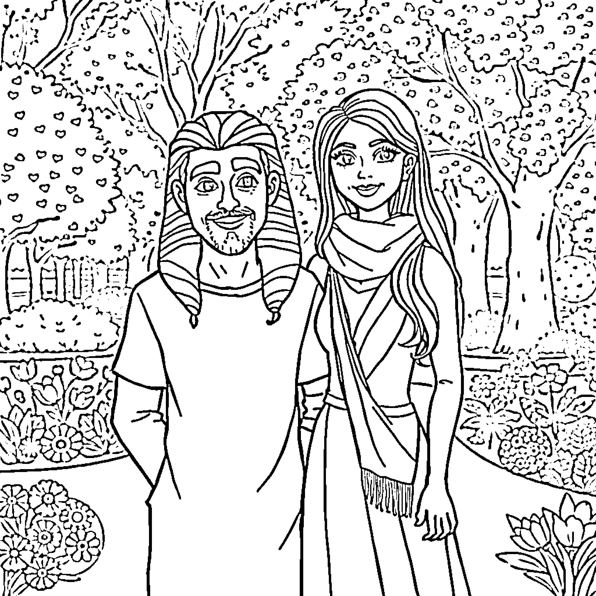 Girl and boy in a whimsical outdoor setting Coloring Page (free black-and-white line drawing printable PDF for all, from beginners to advanced learners, including children, teens, adults, and seniors)