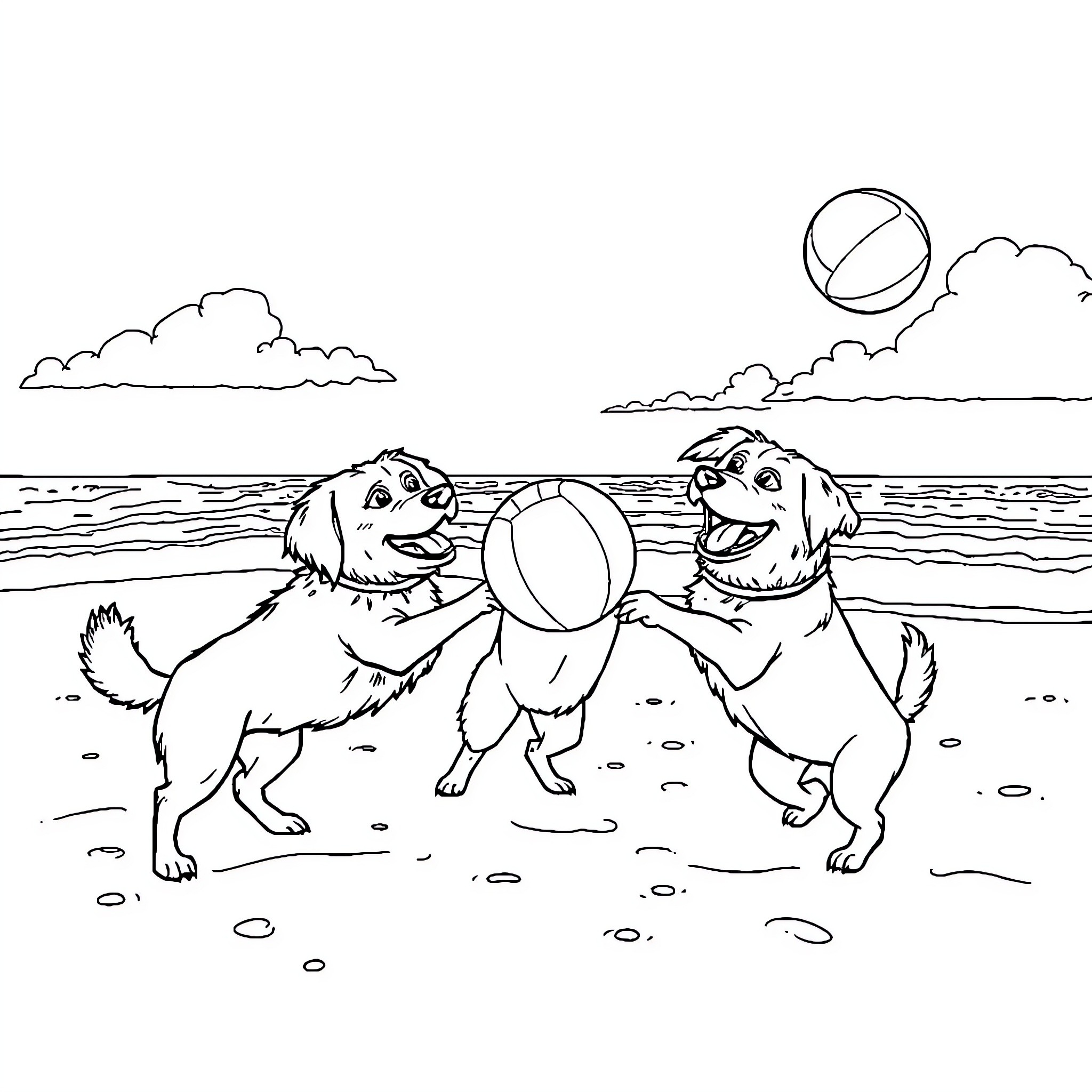 Dogs playing with beach ball on the shore Coloring Page (free black-and-white line drawing printable PDF for all, from beginners to advanced learners, including children, teens, adults, and seniors)