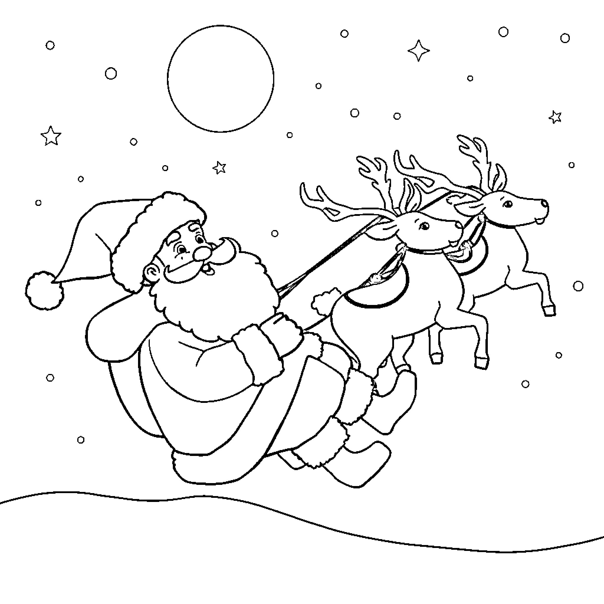 Santa riding on a reindeer under the starry night sky Coloring Page (free black-and-white line drawing printable PDF for all, from beginners to advanced learners, including children, teens, adults, and seniors)