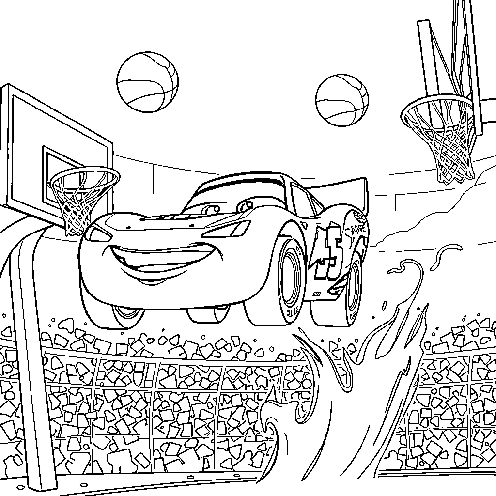 Lightning McQueen playing basketball in the court Coloring Page (free black-and-white line drawing printable PDF for all, from beginners to advanced learners, including children, teens, adults, and seniors)
