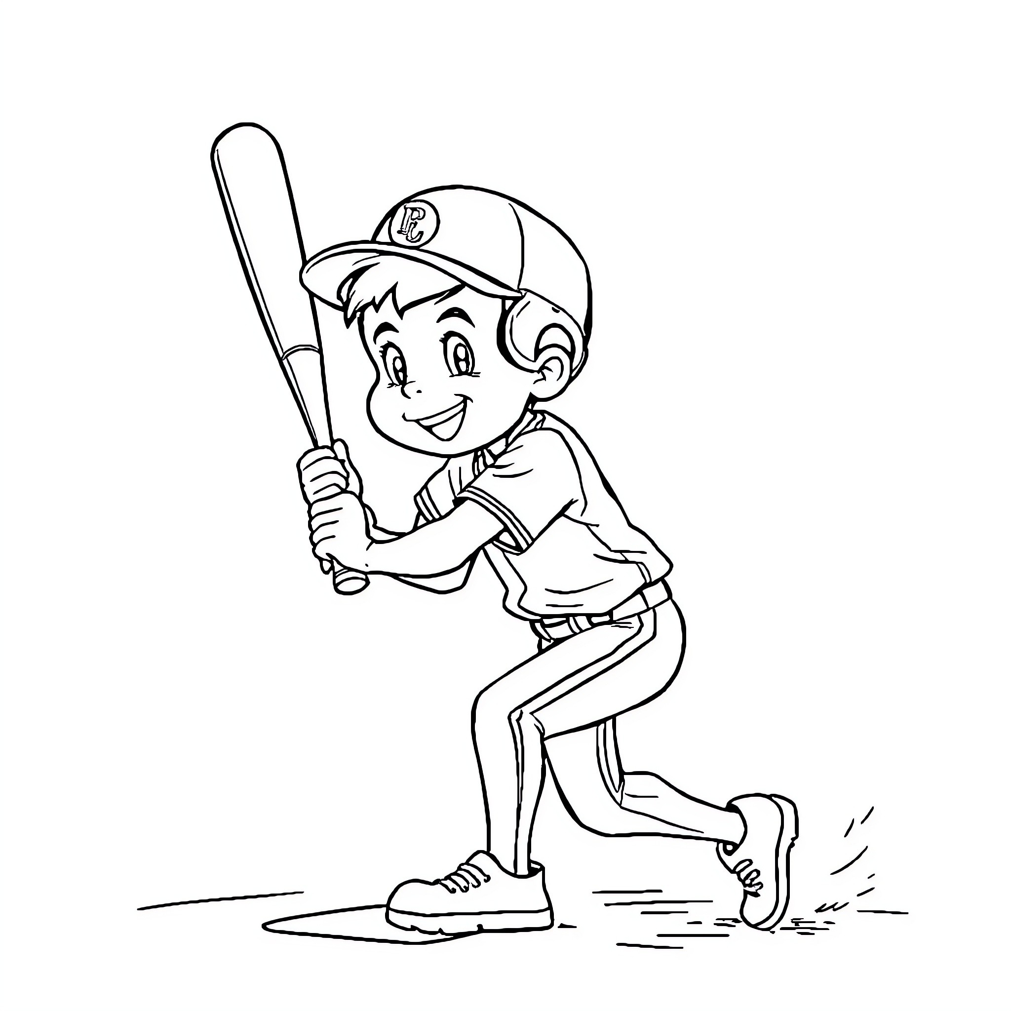 Niño playing baseball with enthusiasm Coloring Page (free black-and-white line drawing printable PDF for all, from beginners to advanced learners, including children, teens, adults, and seniors)
