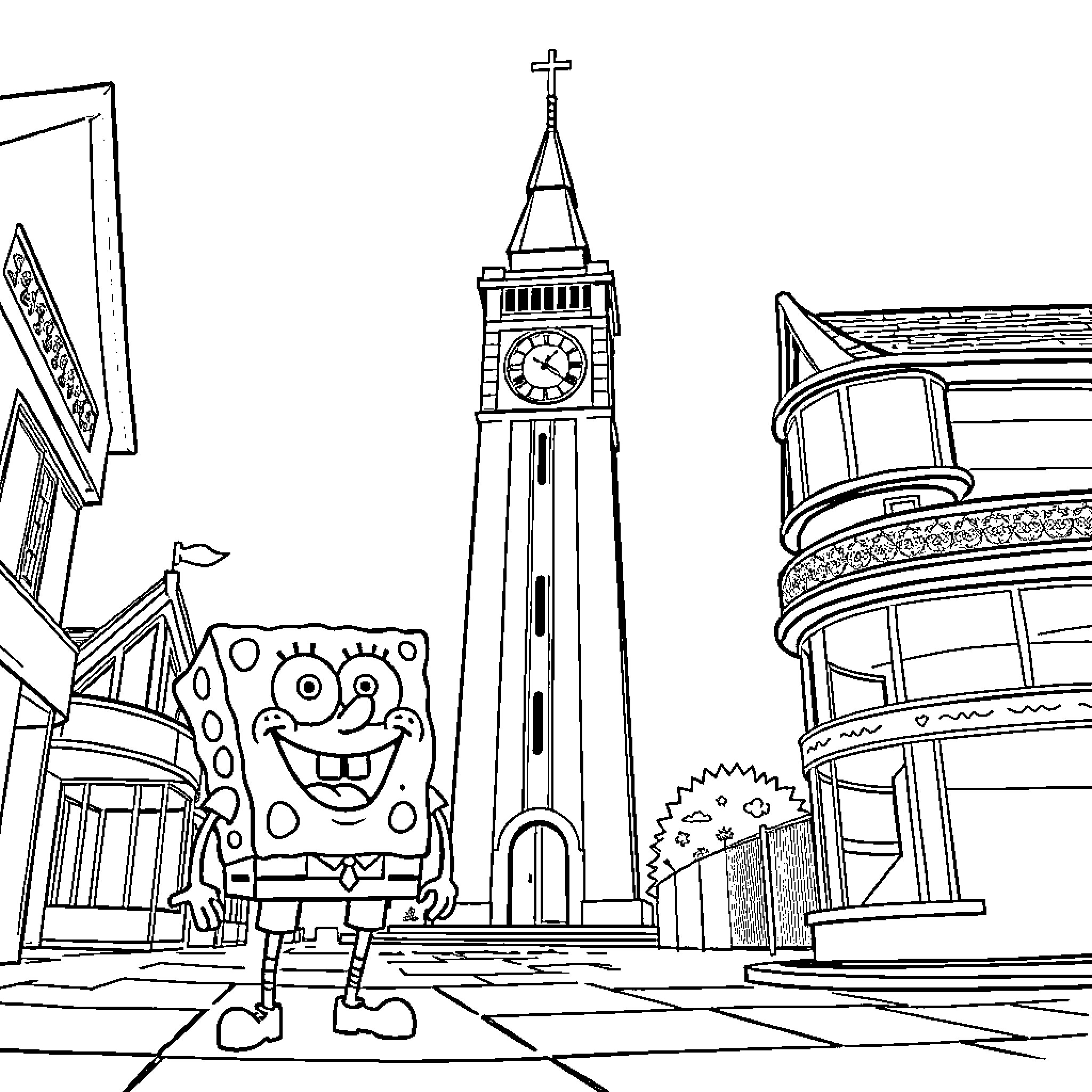 Spongebob explores the city's iconic landmarks Coloring Page (free black-and-white line drawing printable PDF for all, from beginners to advanced learners, including children, teens, adults, and seniors)