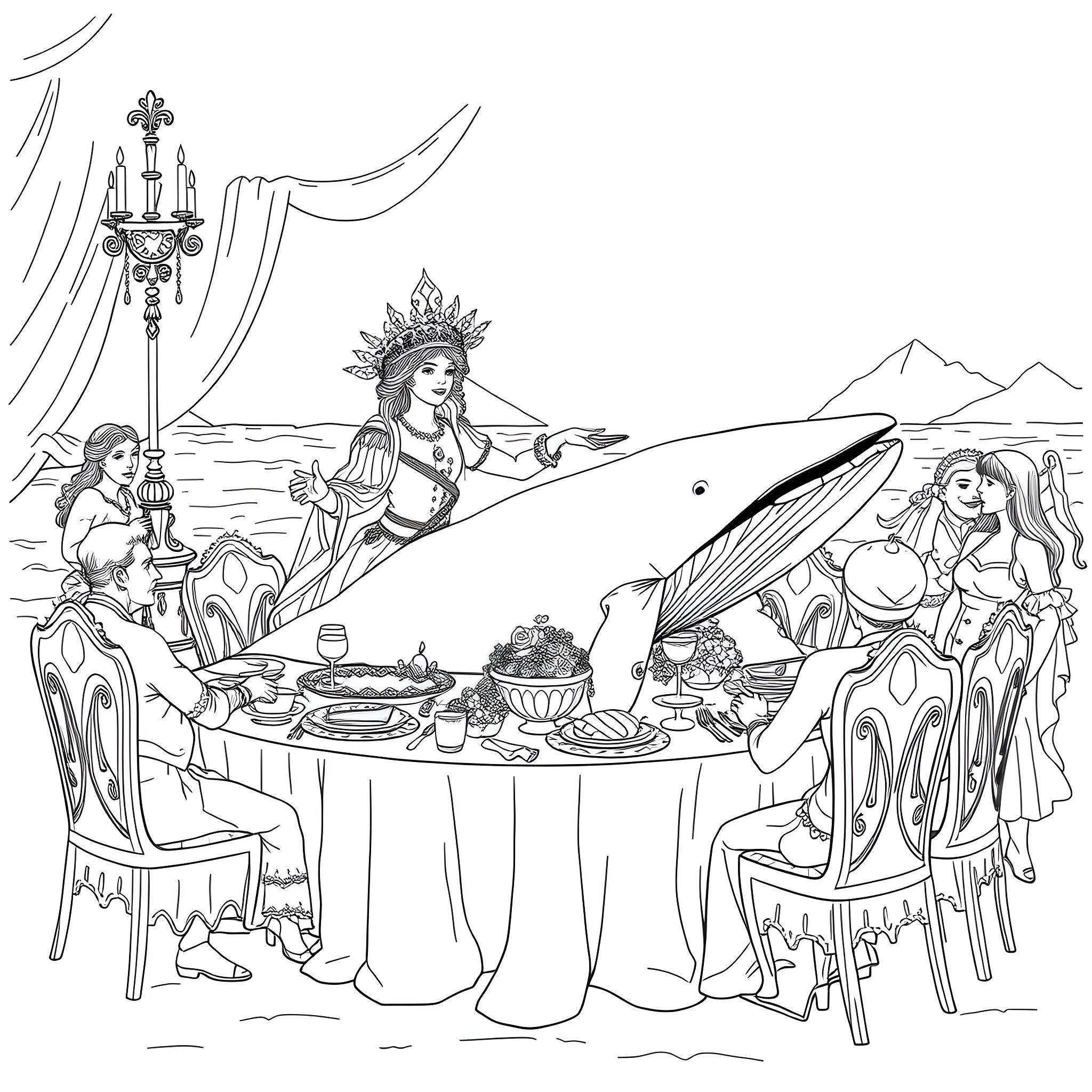 Maja's Elegant Feast with Fantastical Creatures Coloring Page (free black-and-white line drawing printable PDF for all, from beginners to advanced learners, including children, teens, adults, and seniors)
