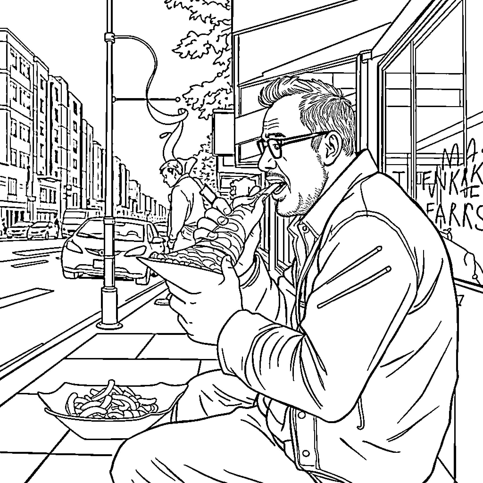 Man enjoying a meal on the city street Coloring Page (free black-and-white line drawing printable PDF for all, from beginners to advanced learners, including children, teens, adults, and seniors)