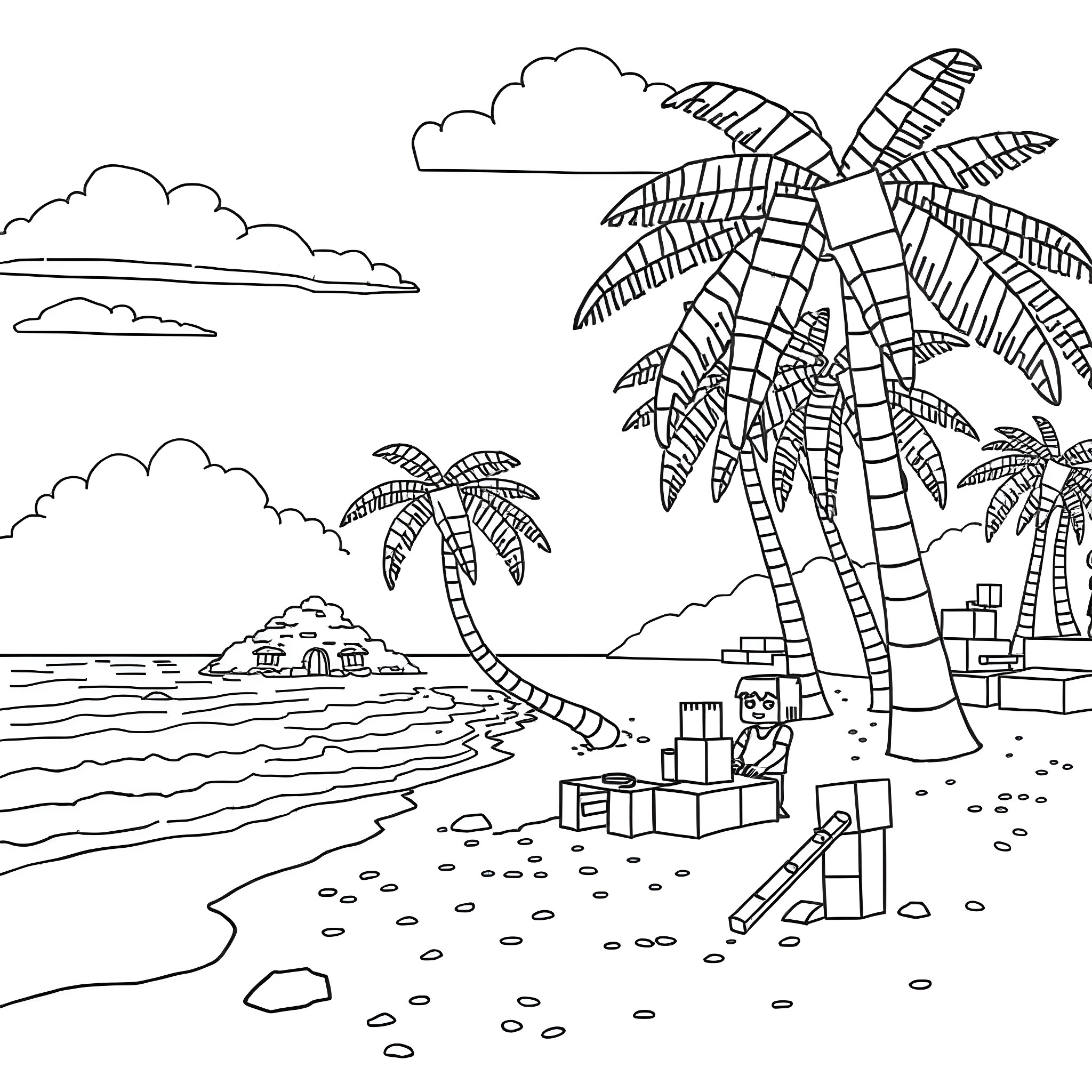 Minecraft character relaxing on a tropical beach Coloring Page (free black-and-white line drawing printable PDF for all, from beginners to advanced learners, including children, teens, adults, and seniors)