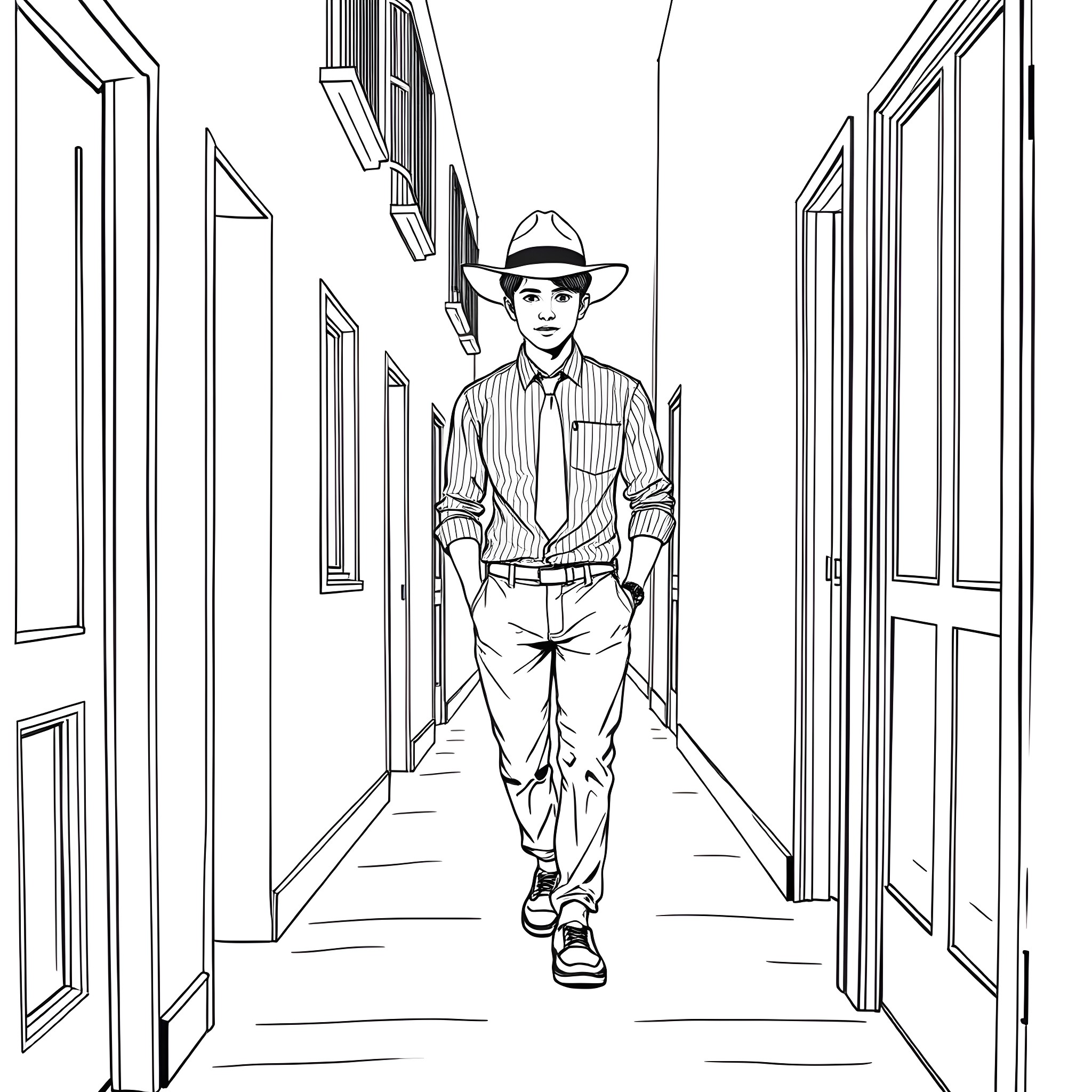 Guy walking through a hallway with open doors Coloring Page (free black-and-white line drawing printable PDF for all, from beginners to advanced learners, including children, teens, adults, and seniors)