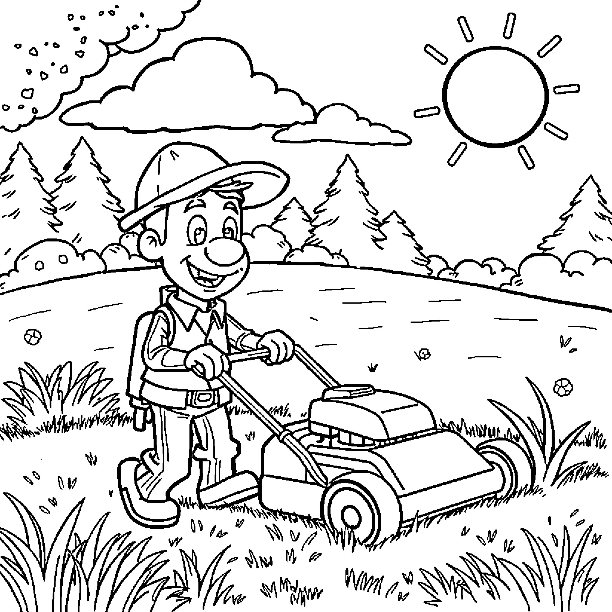 Woody mowing the lawn on a sunny day Coloring Page (free black-and-white line drawing printable PDF for all, from beginners to advanced learners, including children, teens, adults, and seniors)