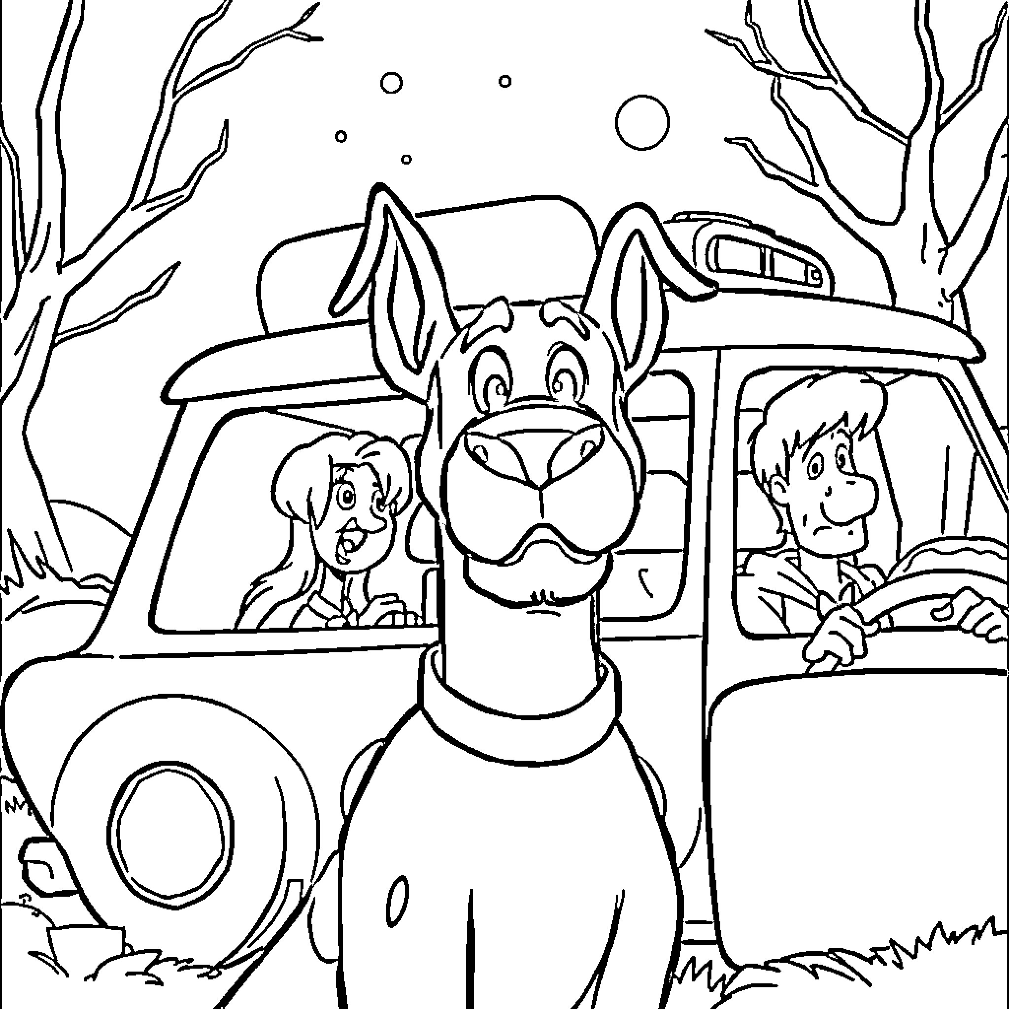 Scooby Doo and Friends on a Mystery Adventure Coloring Page (free black-and-white line drawing printable PDF for all, from beginners to advanced learners, including children, teens, adults, and seniors)