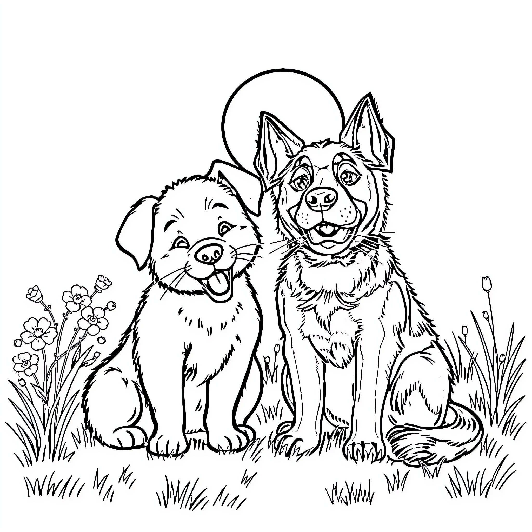 Dog and Cat Enjoying Nature Together Coloring Page (free black-and-white line drawing printable PDF for all, from beginners to advanced learners, including children, teens, adults, and seniors)
