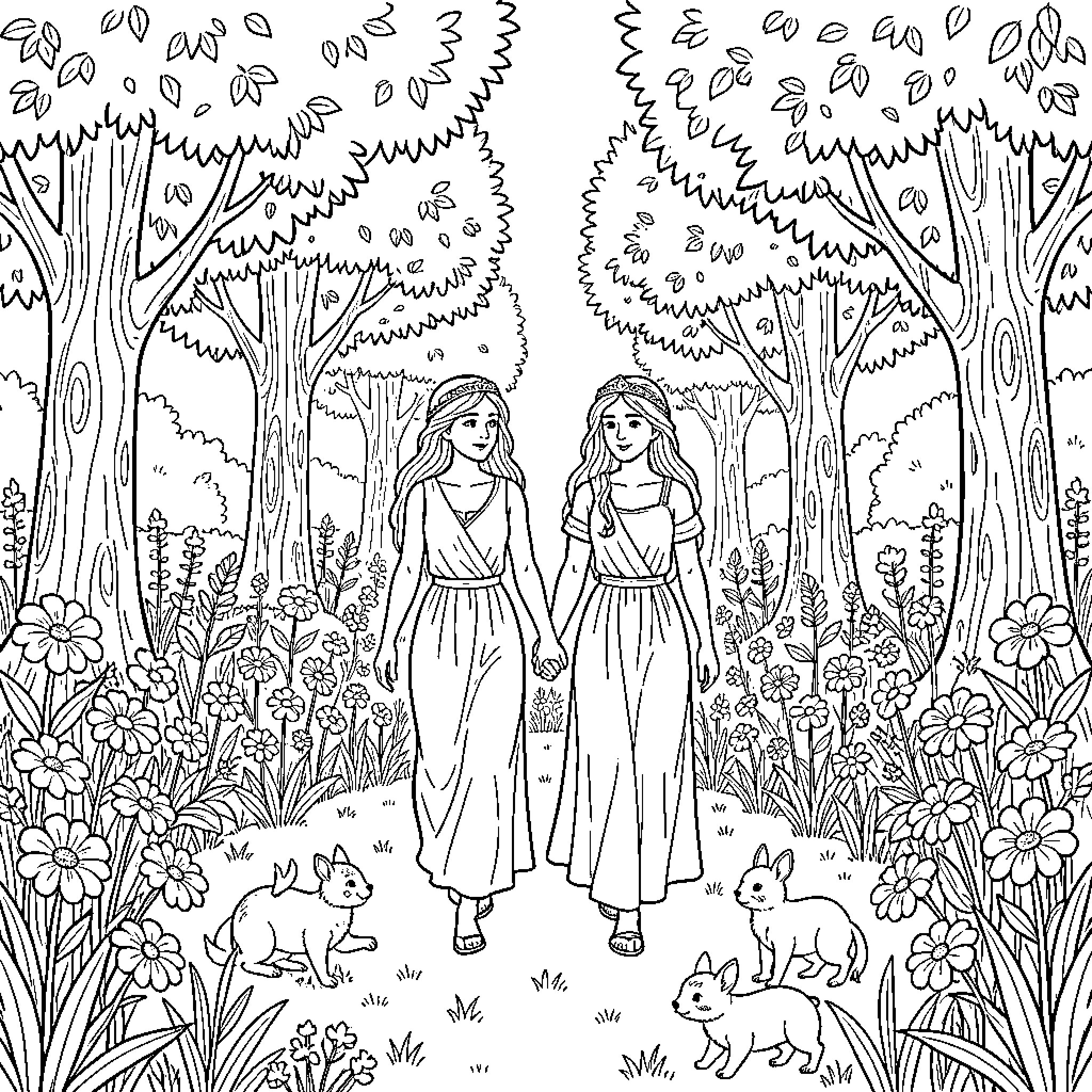 Adam and Eve walking through a flower filled forest Coloring Page (free black-and-white line drawing printable PDF for all, from beginners to advanced learners, including children, teens, adults, and seniors)