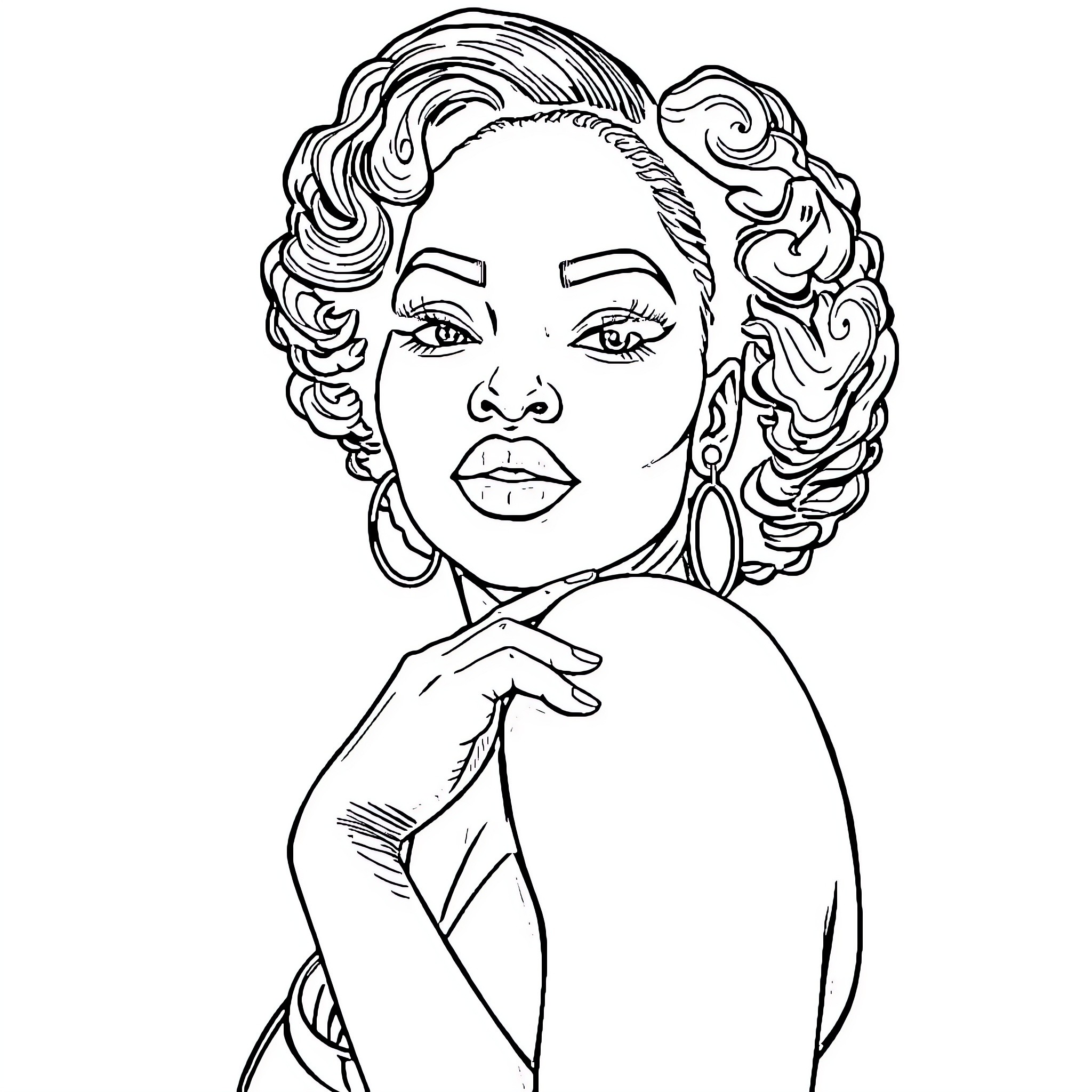 Woman with stylized retro hairstyle and facial expression Coloring Page (free black-and-white line drawing printable PDF for all, from beginners to advanced learners, including children, teens, adults, and seniors)