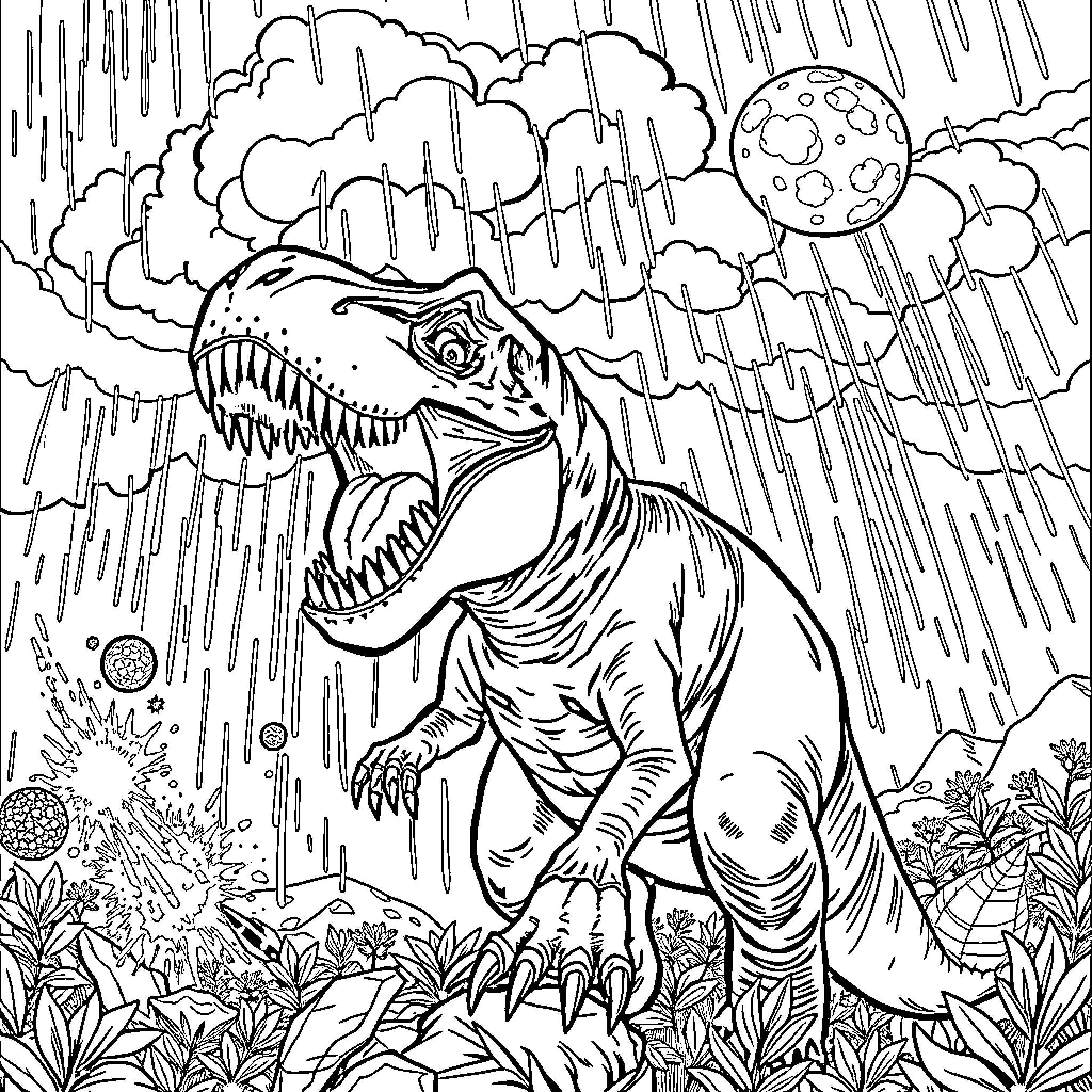 T-Rex Roaring in Prehistoric Landscape Coloring Page (free black-and-white line drawing printable PDF for all, from beginners to advanced learners, including children, teens, adults, and seniors)