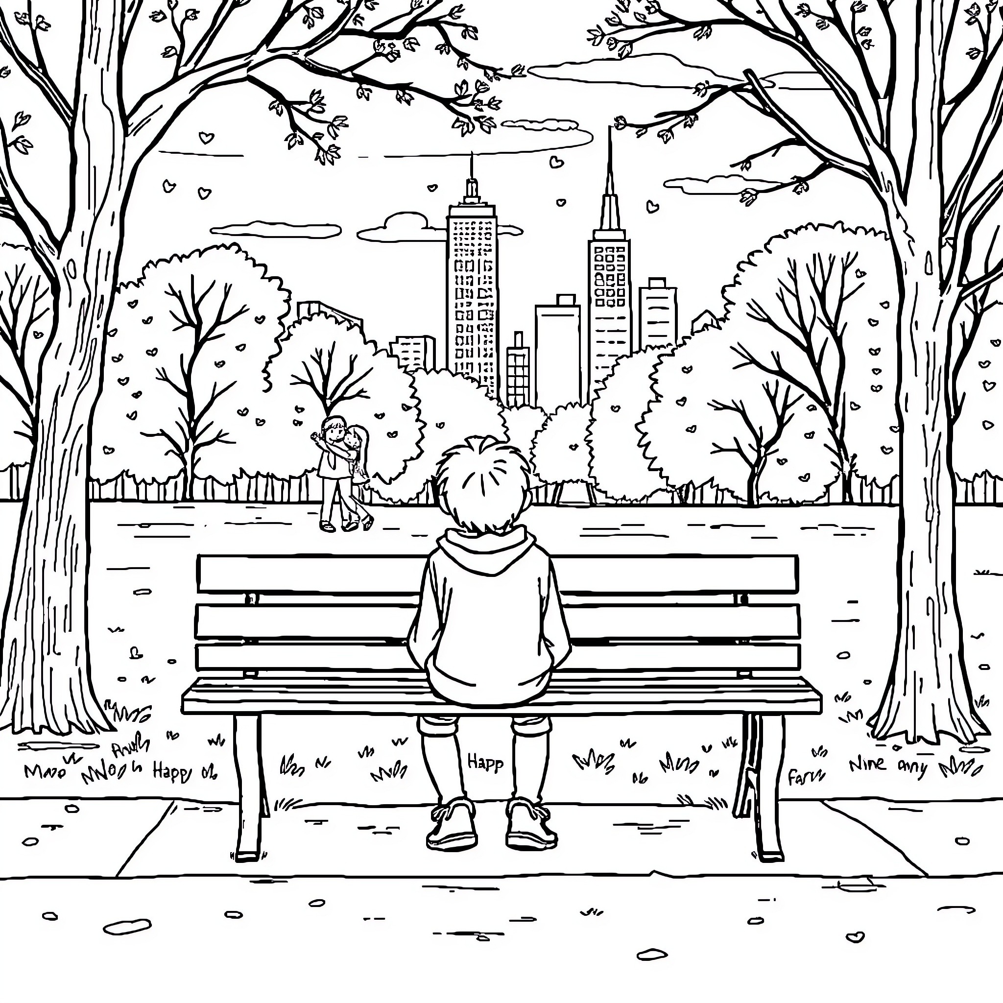 Boy sitting alone on a park bench in the city Coloring Page (free black-and-white line drawing printable PDF for all, from beginners to advanced learners, including children, teens, adults, and seniors)