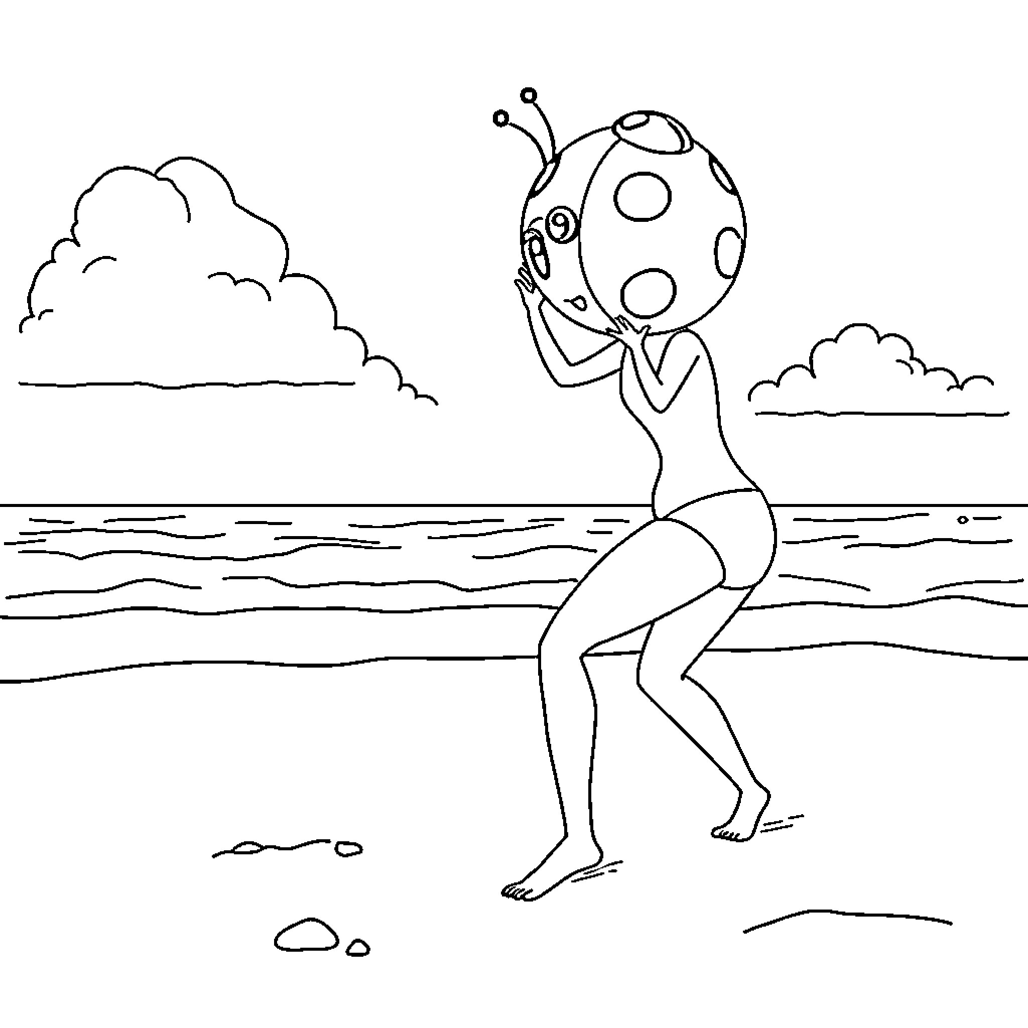 Lady Bug frolicking joyfully on the beach Coloring Page (free black-and-white line drawing printable PDF for all, from beginners to advanced learners, including children, teens, adults, and seniors)
