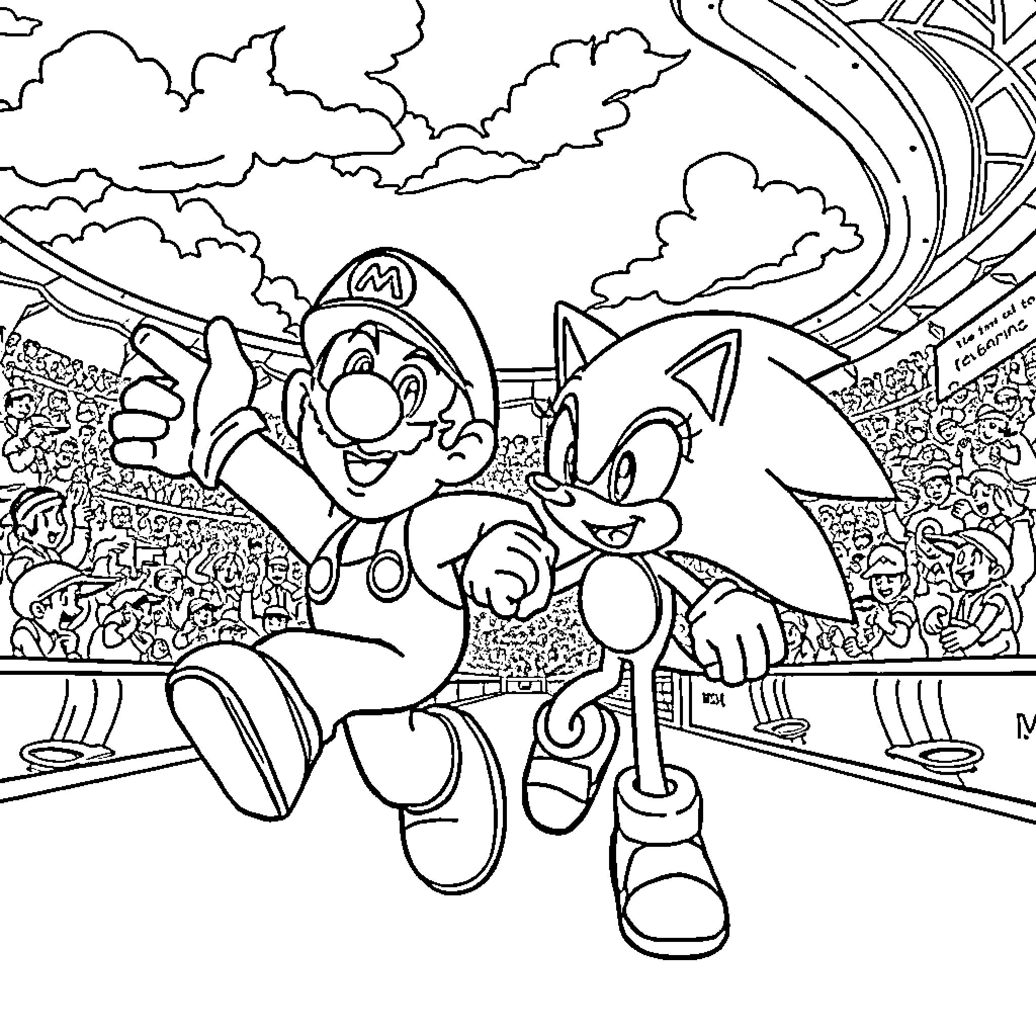 Mario and Sonic in an Animated Stadium Scene Coloring Page (free black-and-white line drawing printable PDF for all, from beginners to advanced learners, including children, teens, adults, and seniors)