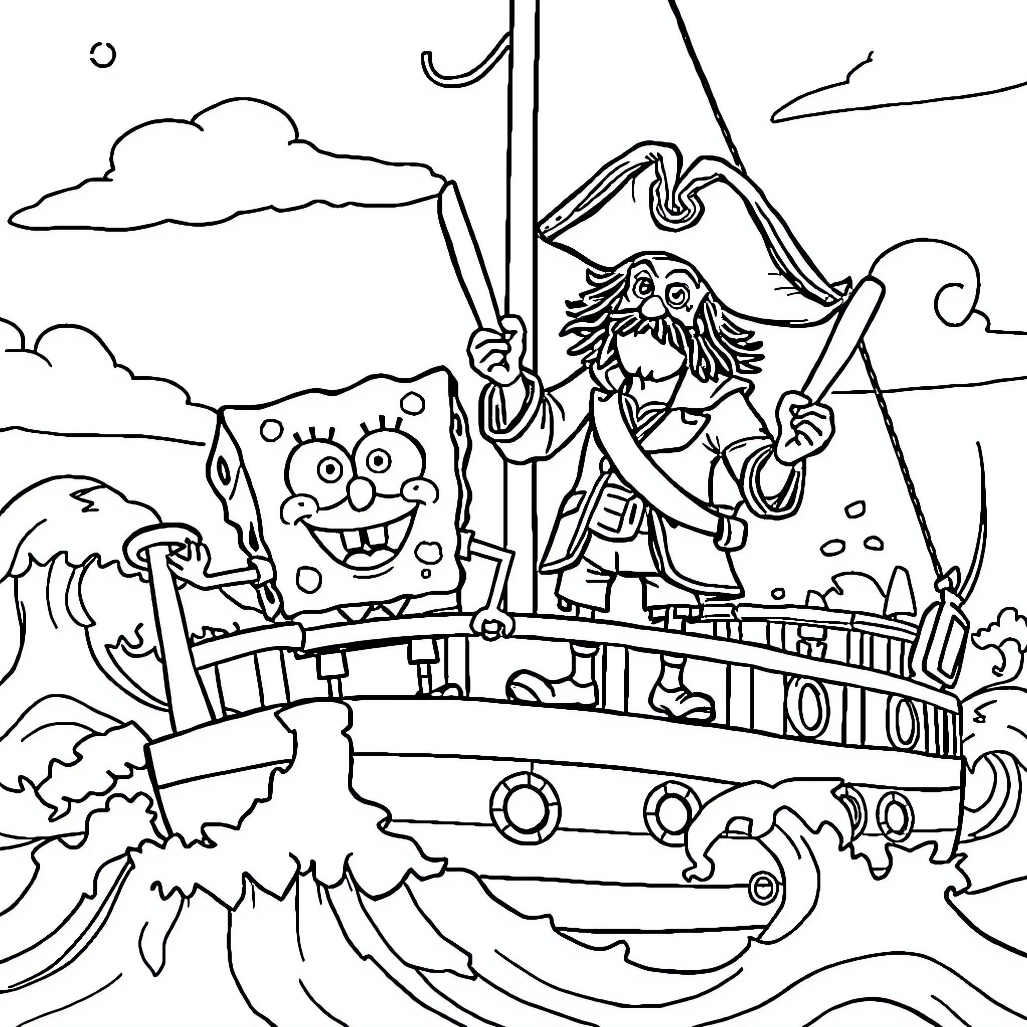 Spongebob and pirate captain on a ship at sea Coloring Page (free black-and-white line drawing printable PDF for all, from beginners to advanced learners, including children, teens, adults, and seniors)