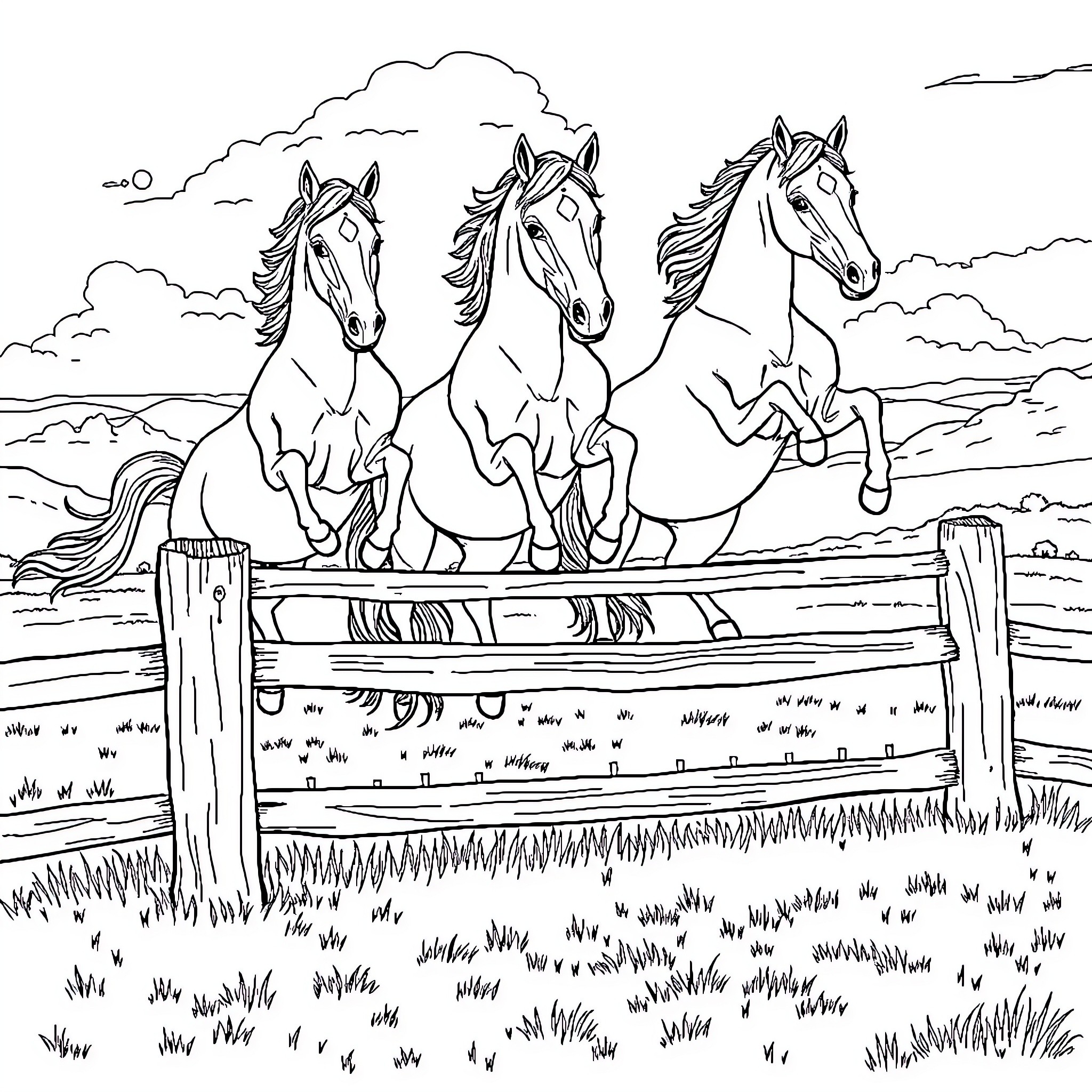 Horses Running Freely Through a Scenic Countryside Coloring Page (free black-and-white line drawing printable PDF for all, from beginners to advanced learners, including children, teens, adults, and seniors)