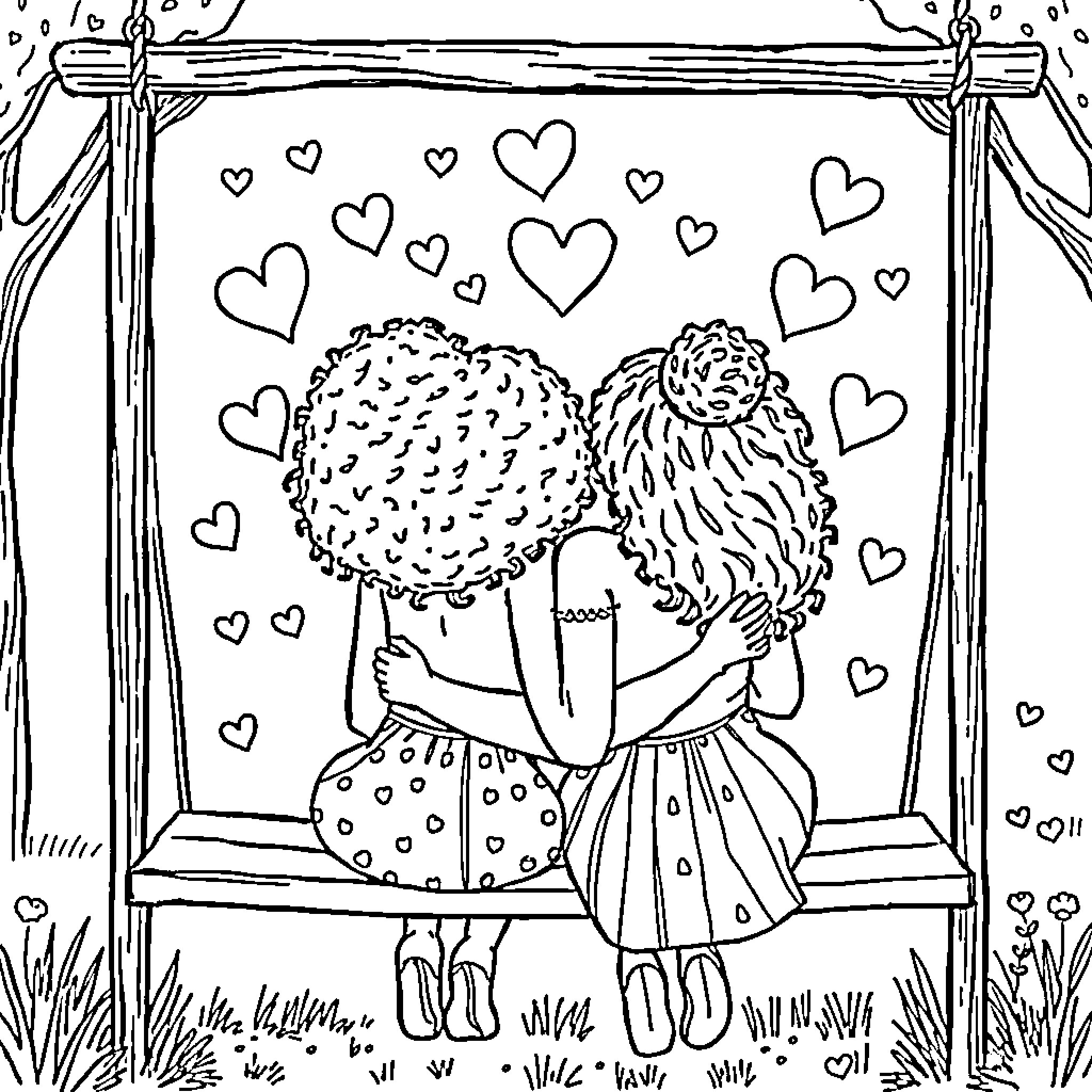 Woman embracing playfully with hearts Coloring Page (free black-and-white line drawing printable PDF for all, from beginners to advanced learners, including children, teens, adults, and seniors)