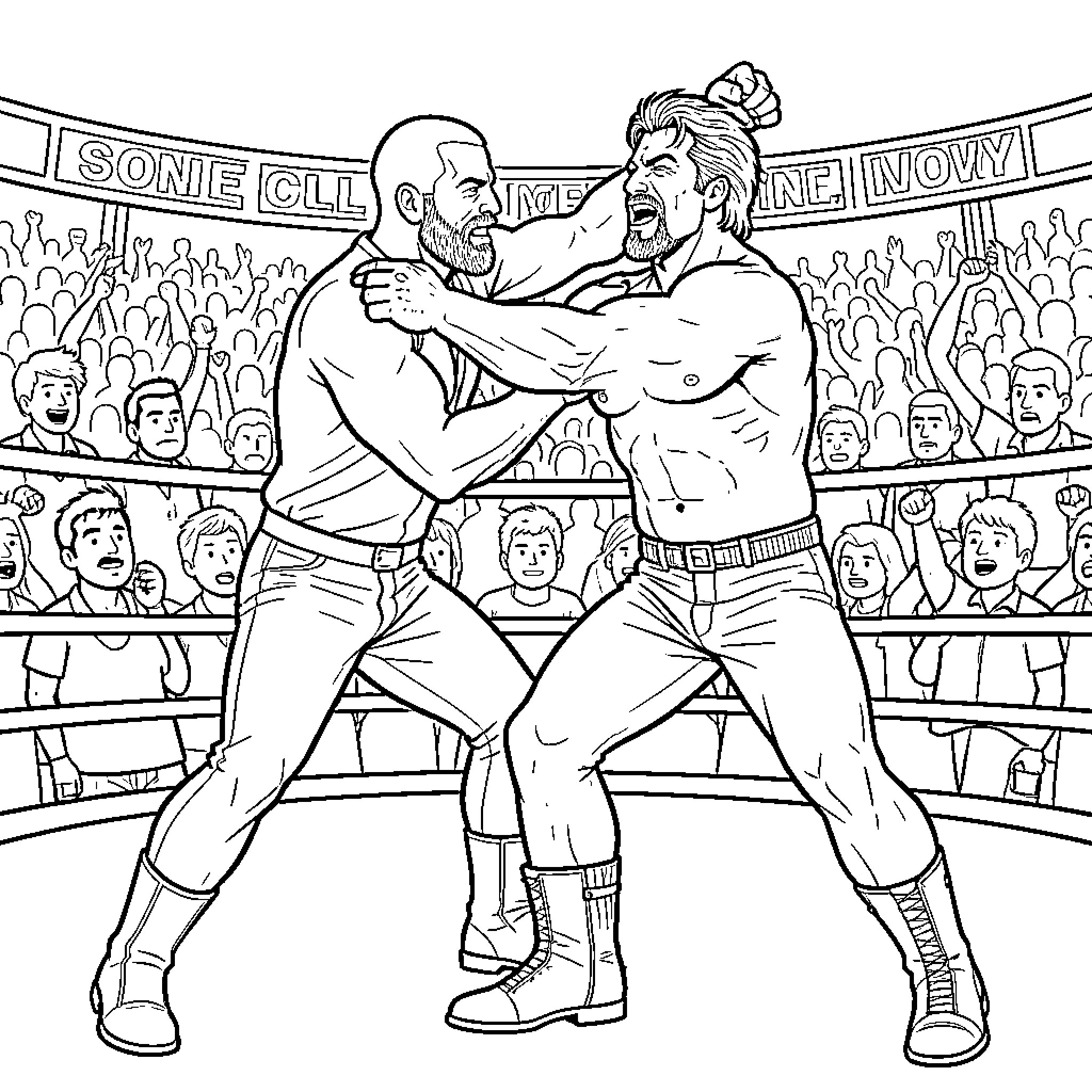 Stone Cold wrestlers fighting intensely in a ring Coloring Page (free black-and-white line drawing printable PDF for all, from beginners to advanced learners, including children, teens, adults, and seniors)