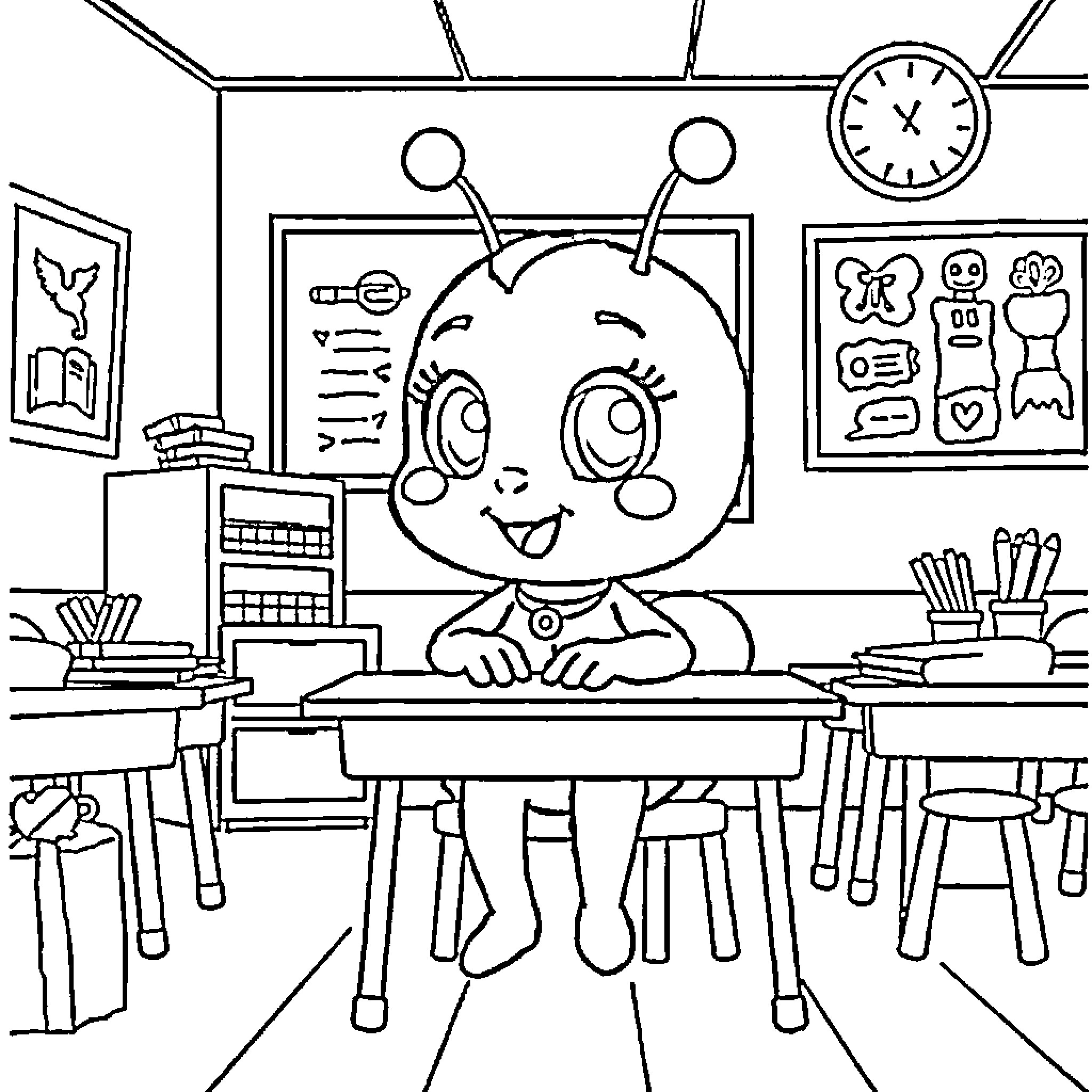 Cocobee's Cheerful Classroom Adventure Coloring Page (free black-and-white line drawing printable PDF for all, from beginners to advanced learners, including children, teens, adults, and seniors)