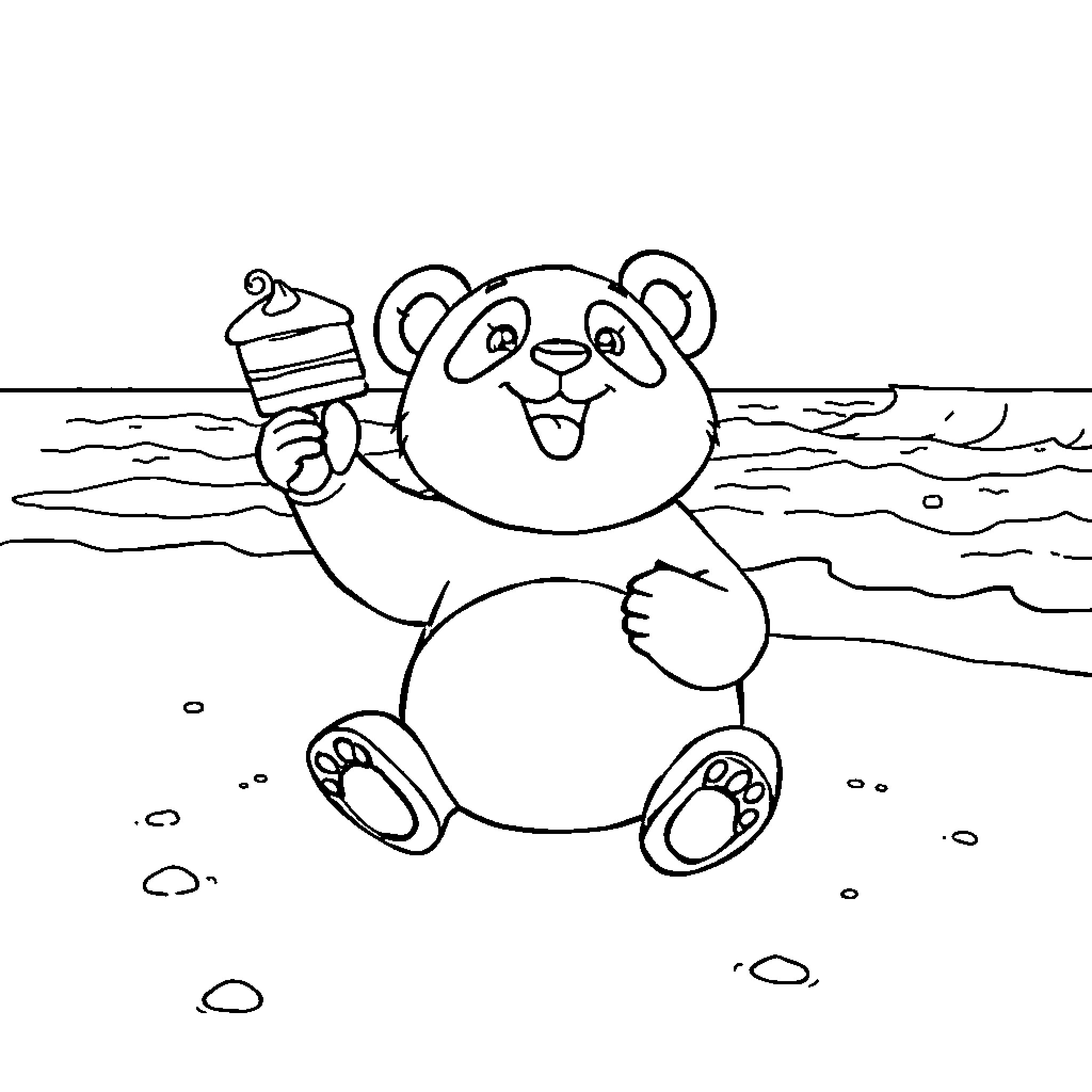 Panda enjoying an ice cream at the beach Coloring Page (free black-and-white line drawing printable PDF for all, from beginners to advanced learners, including children, teens, adults, and seniors)
