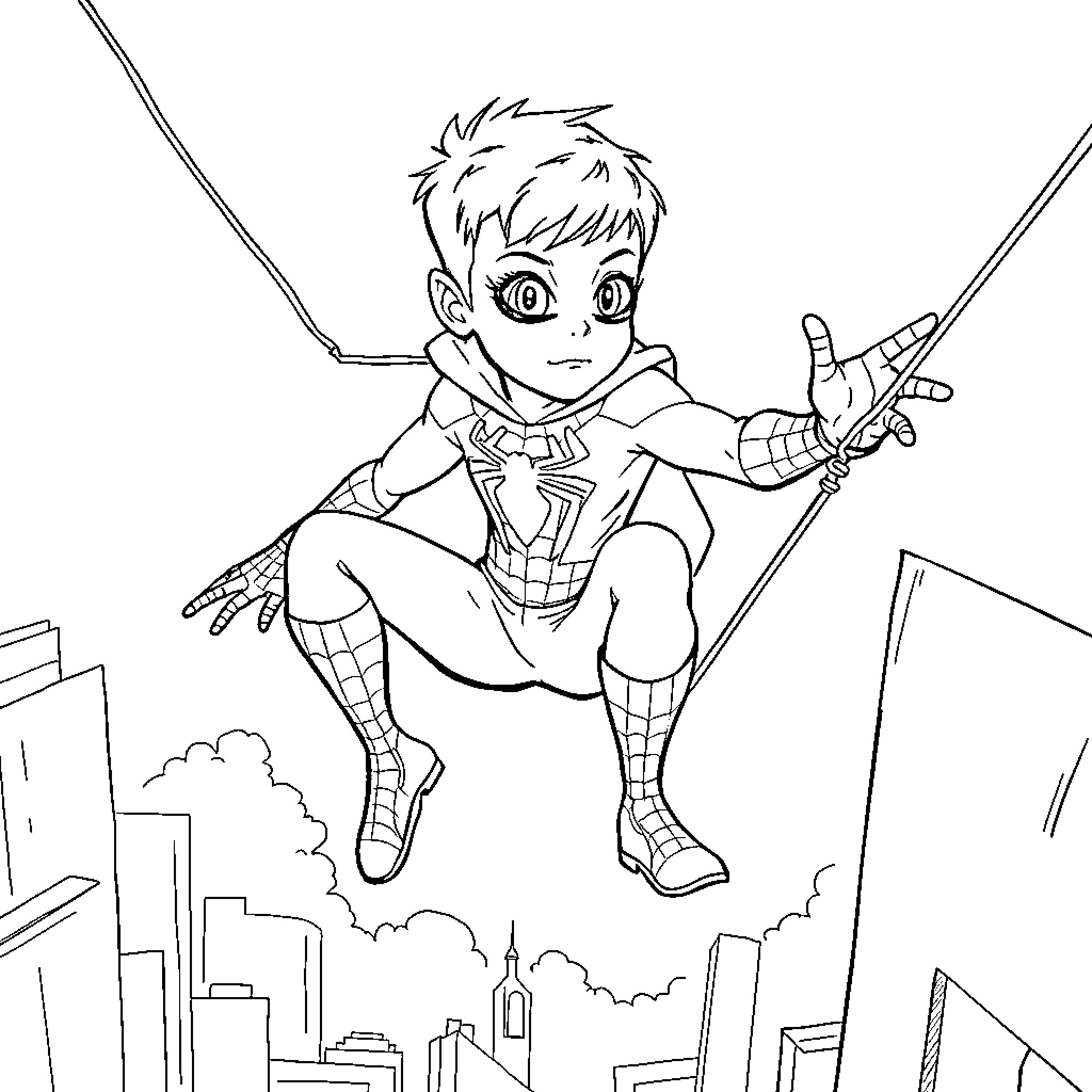 Niño superhéroe saltando entre rascacielos Coloring Page (free black-and-white line drawing printable PDF for all, from beginners to advanced learners, including children, teens, adults, and seniors)