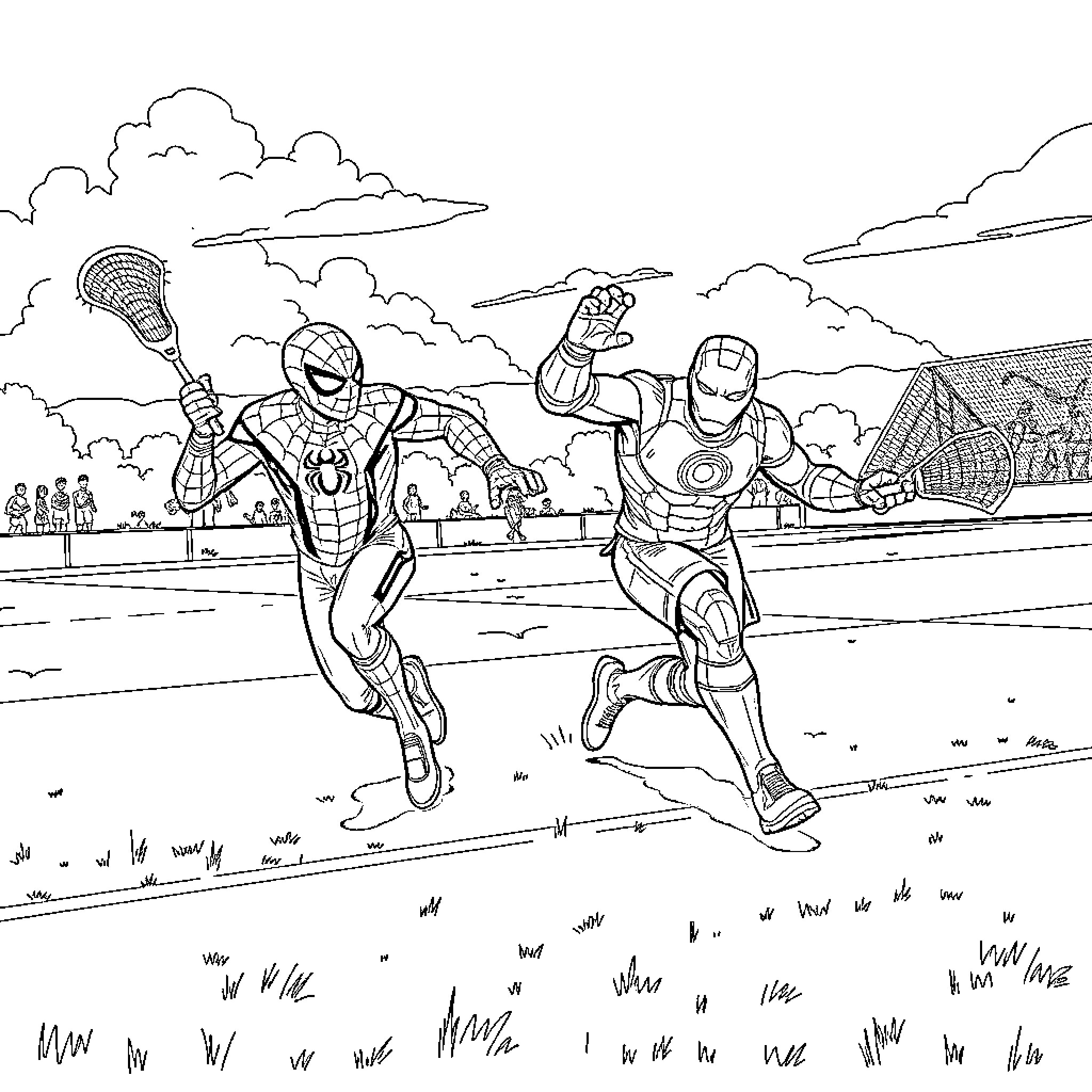 Marvel Characters in action-packed outdoor scene Coloring Page (free black-and-white line drawing printable PDF for all, from beginners to advanced learners, including children, teens, adults, and seniors)