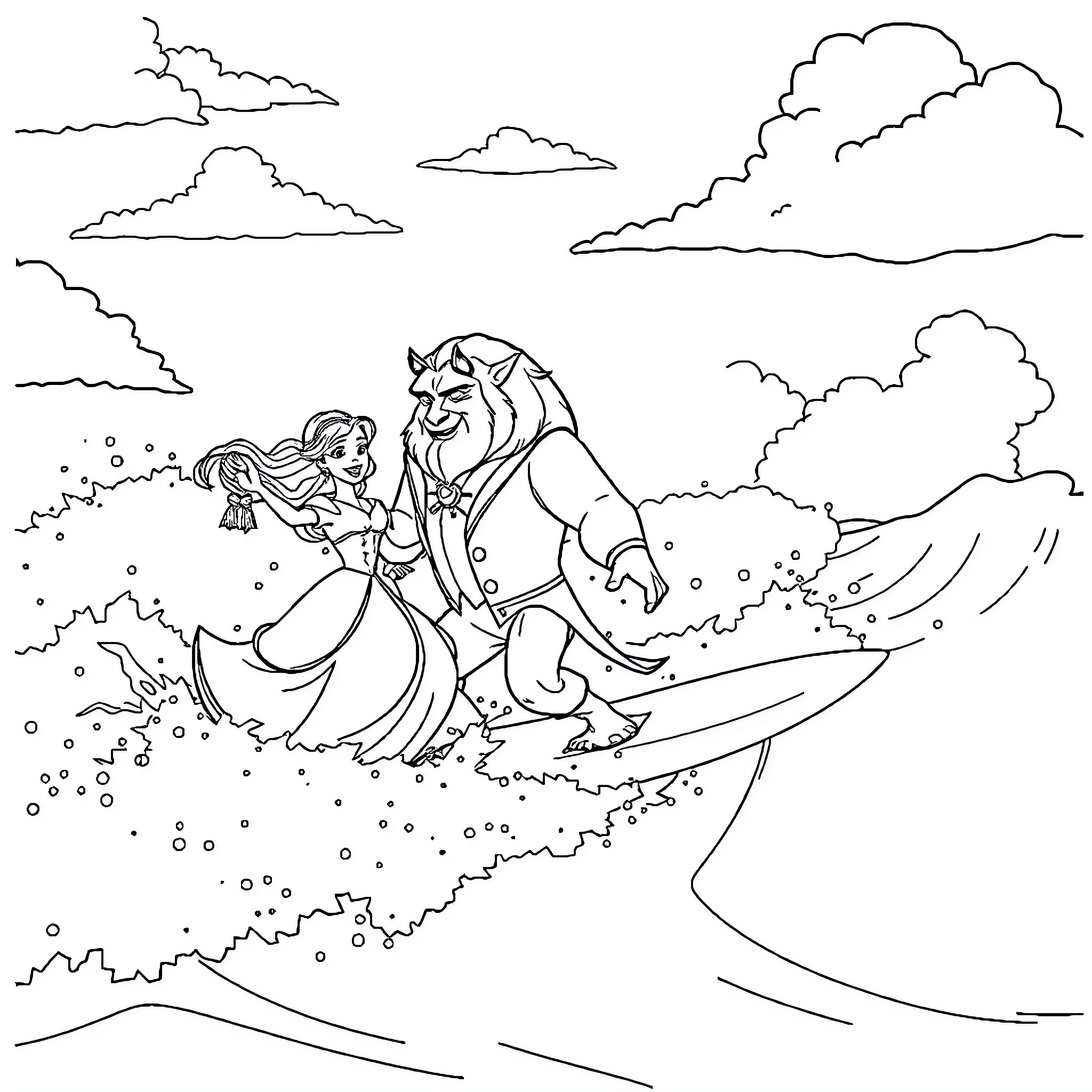 Beauty And The Beast Enjoying Winter Wonderland Coloring Page (free black-and-white line drawing printable PDF for all, from beginners to advanced learners, including children, teens, adults, and seniors)