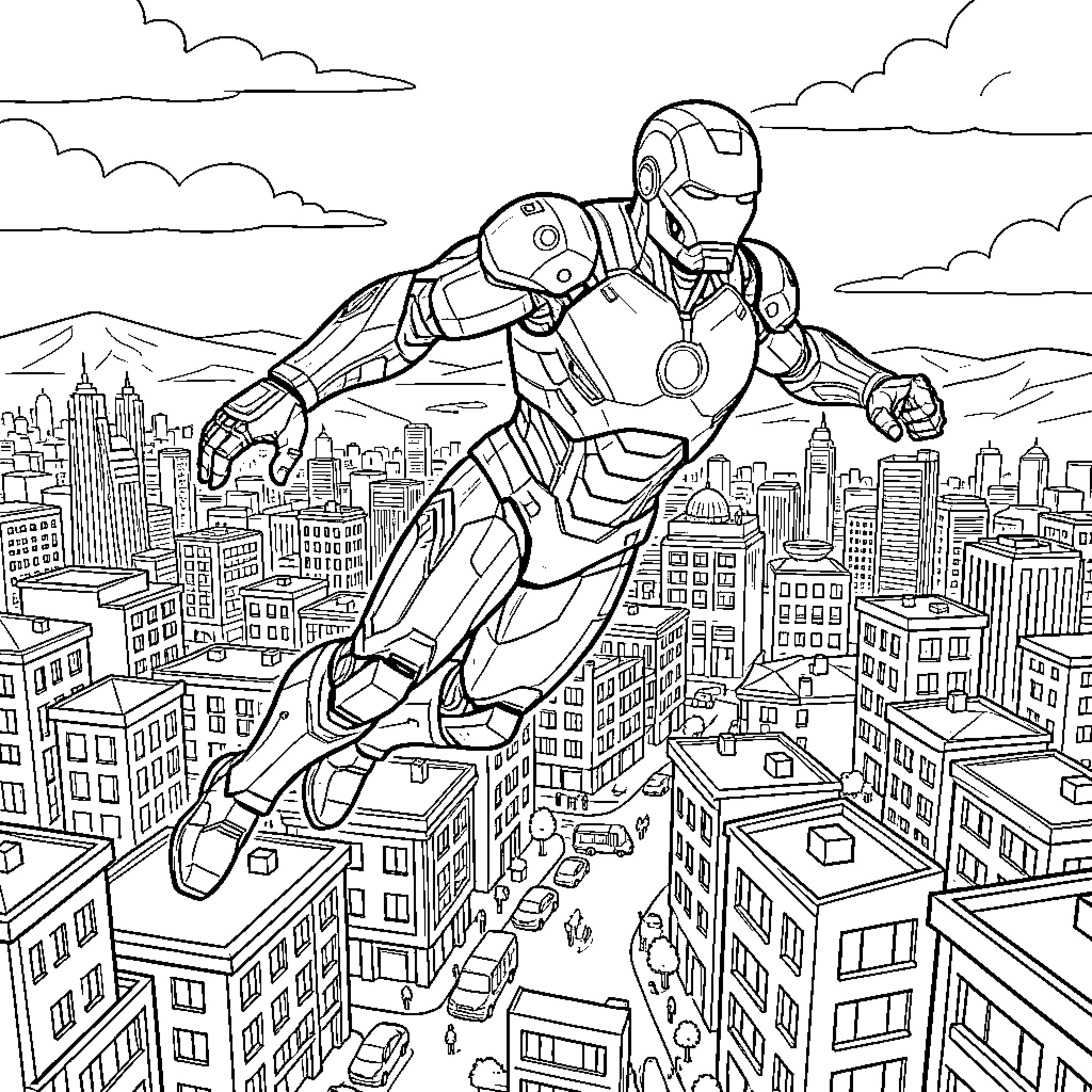 Iron Man flying heroically above a busy city skyline Coloring Page (free black-and-white line drawing printable PDF for all, from beginners to advanced learners, including children, teens, adults, and seniors)