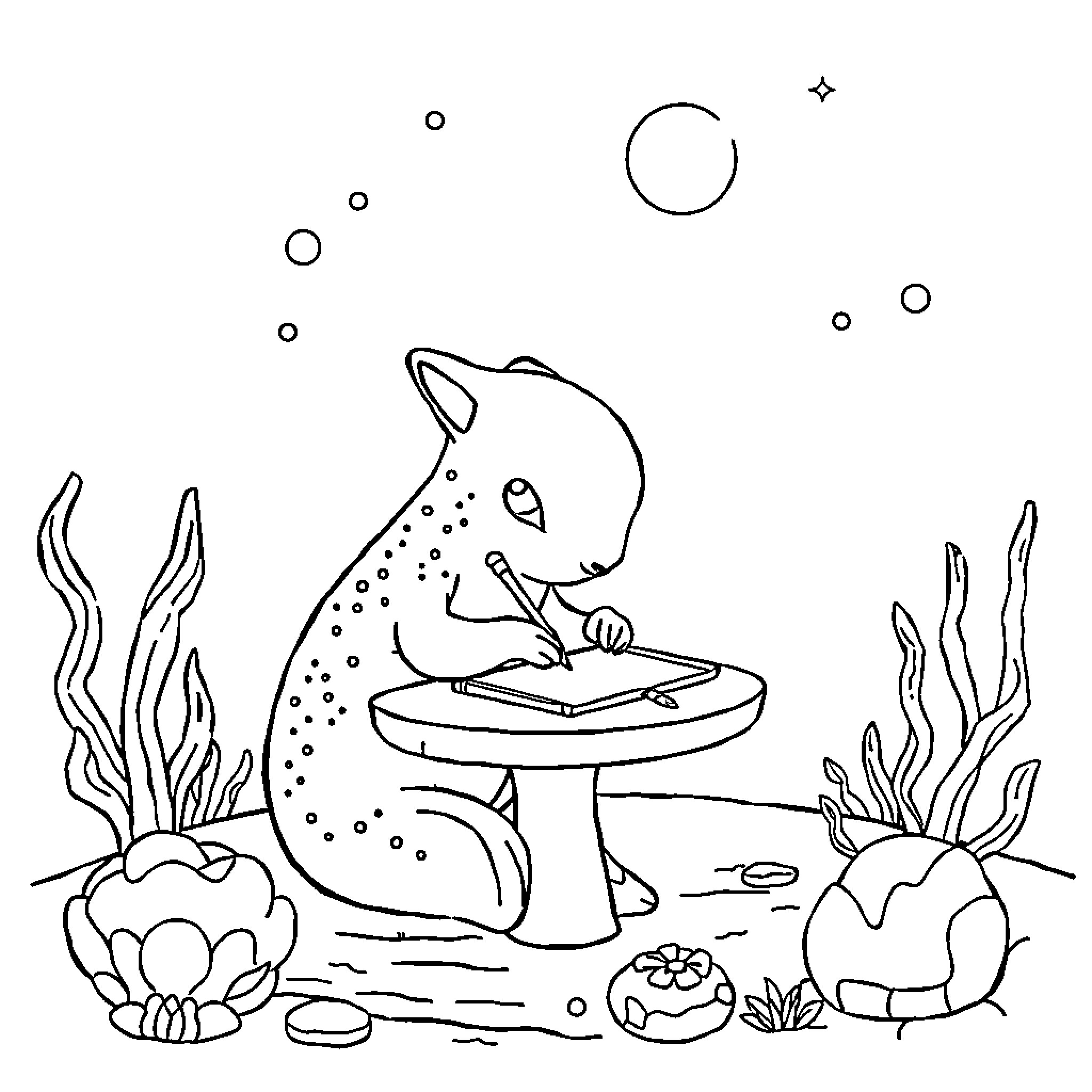Seal playing on a desk underwater Coloring Page (free black-and-white line drawing printable PDF for all, from beginners to advanced learners, including children, teens, adults, and seniors)