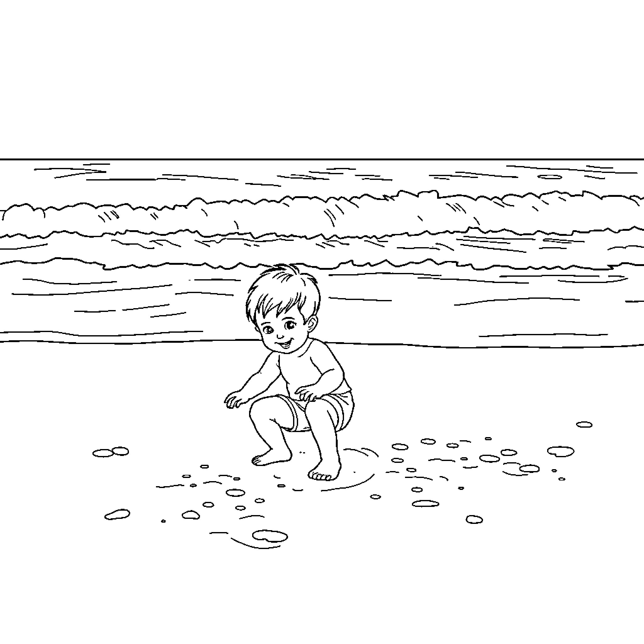 Child playing happily in the waves Coloring Page (free black-and-white line drawing printable PDF for all, from beginners to advanced learners, including children, teens, adults, and seniors)
